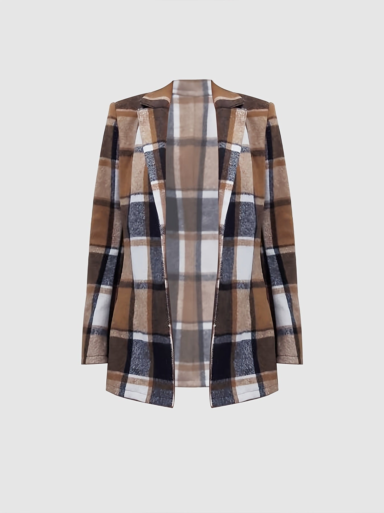 Plaid Lapel Coat with Button Down Front and Long Sleeves