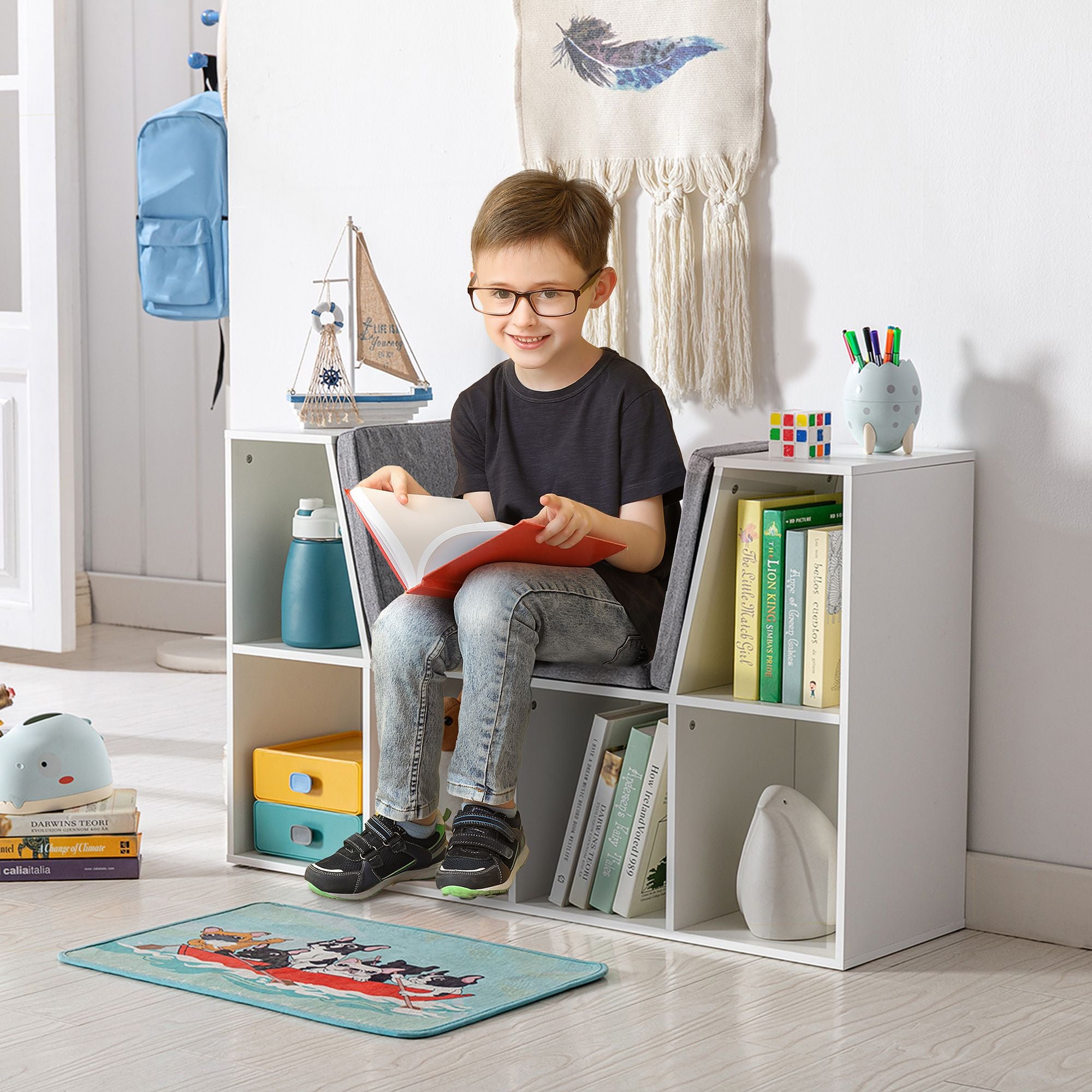 Kids' 6-Cubby Bookcase with Cozy Reading Nook and Cushion for Multi-Use Storage