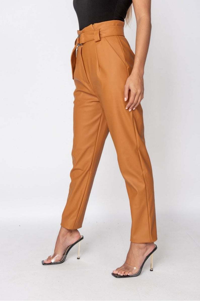 Rust Faux Leather High-Waisted Paperbag Trousers