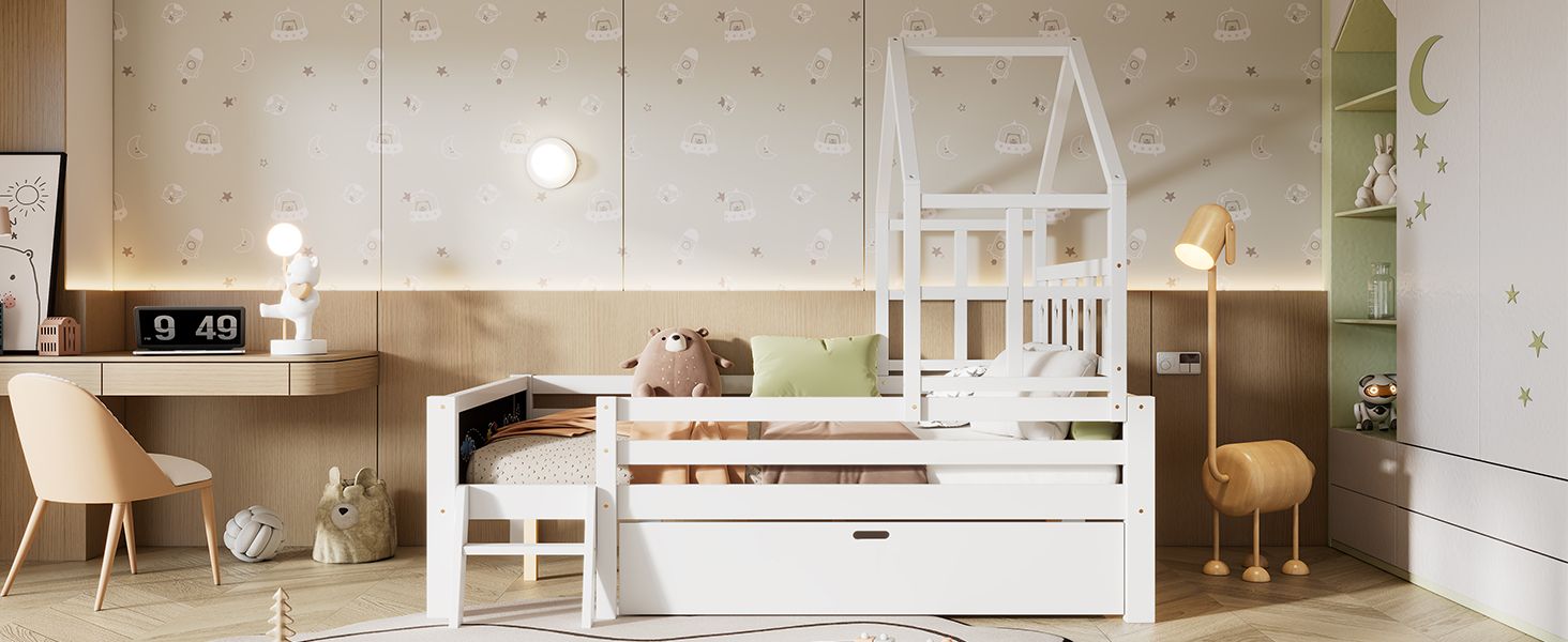 Whimsical Loft Bed with Chalkboard Ends and Storage for Kids - Sturdy Wooden Design