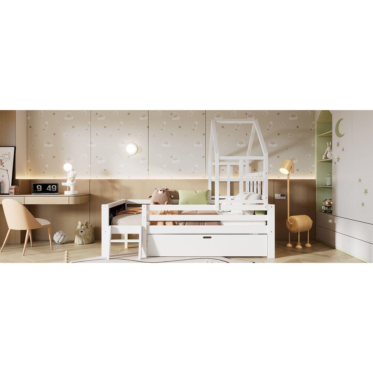 Whimsical Loft Bed with Chalkboard Ends and Storage for Kids - Sturdy Wooden Design