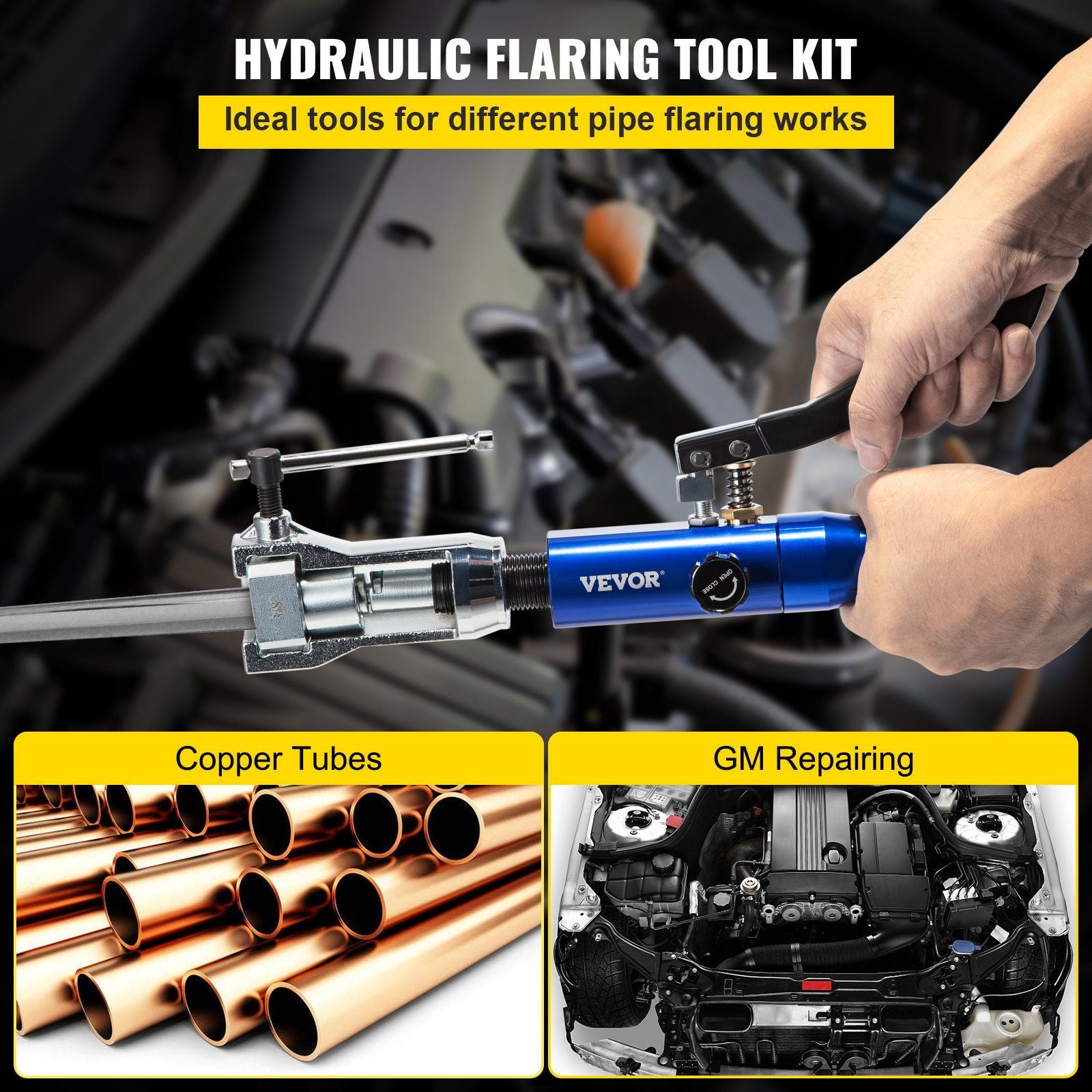 VEVOR 45° Hydraulic Flaring Tool Kit for Brake and HVAC Repair, 3/16"-1/2" Double Flaring Tools with Adapters and Accessories