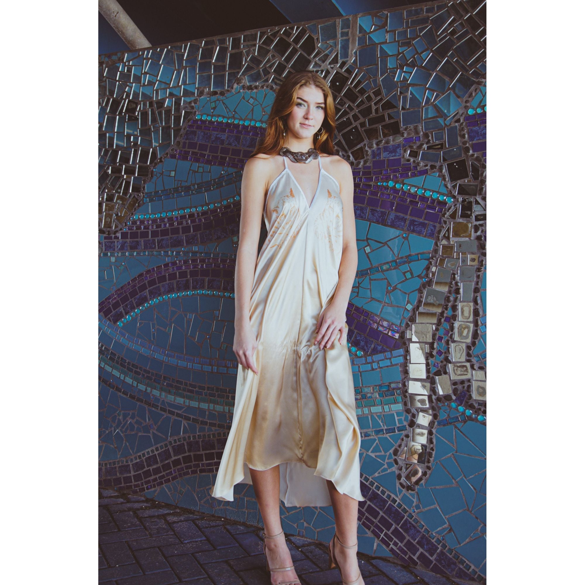 Altair Silk Halter Dress in Dueling Jaguars