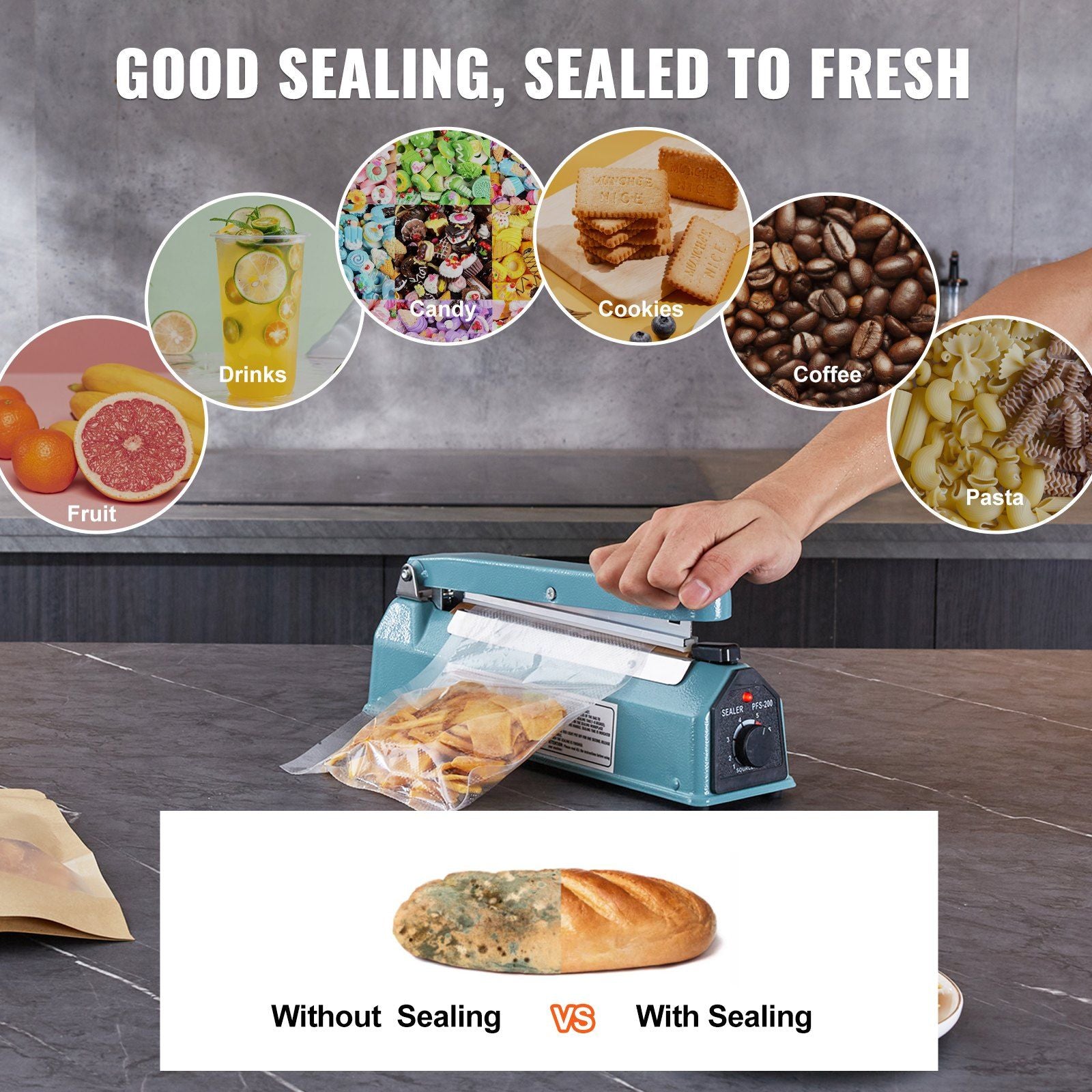 VEVOR 8-Inch Manual Impulse Sealer with Adjustable Heat Settings for Plastic and Mylar Bags