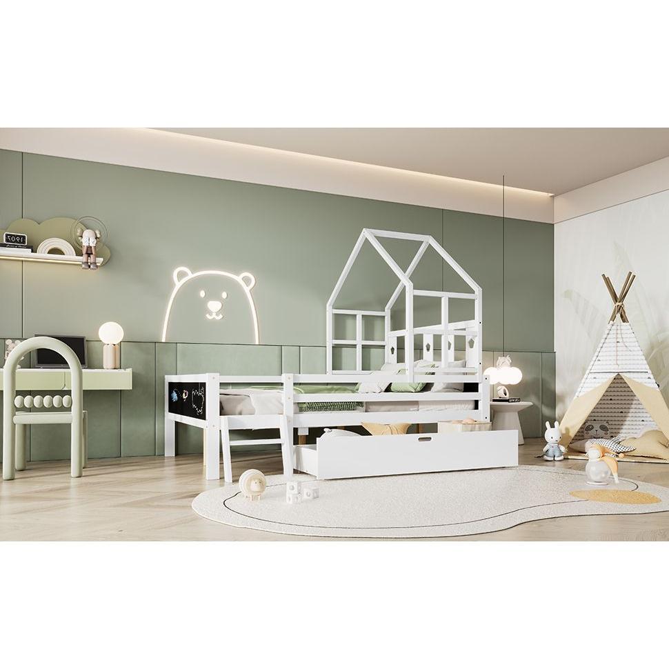 Whimsical Loft Bed with Chalkboard Ends and Storage for Kids - Sturdy Wooden Design
