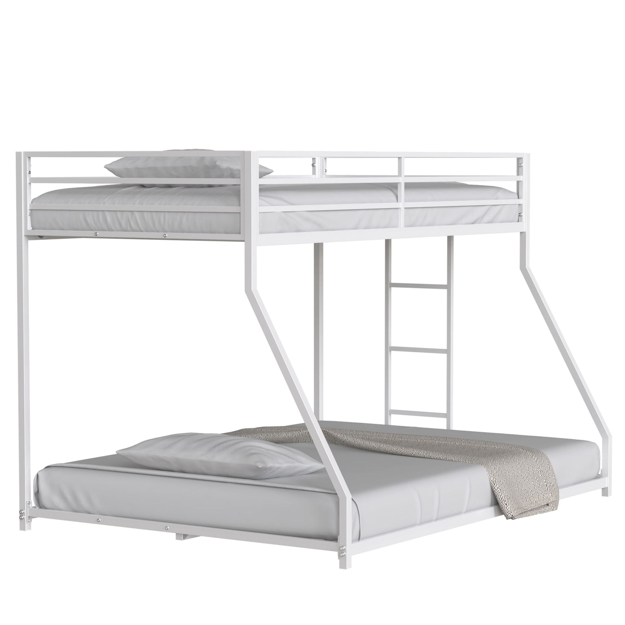 Sturdy White Twin over Full Metal Bunk Bed for Kids and Adults with Easy Climbing Ladder and Safety Guardrails