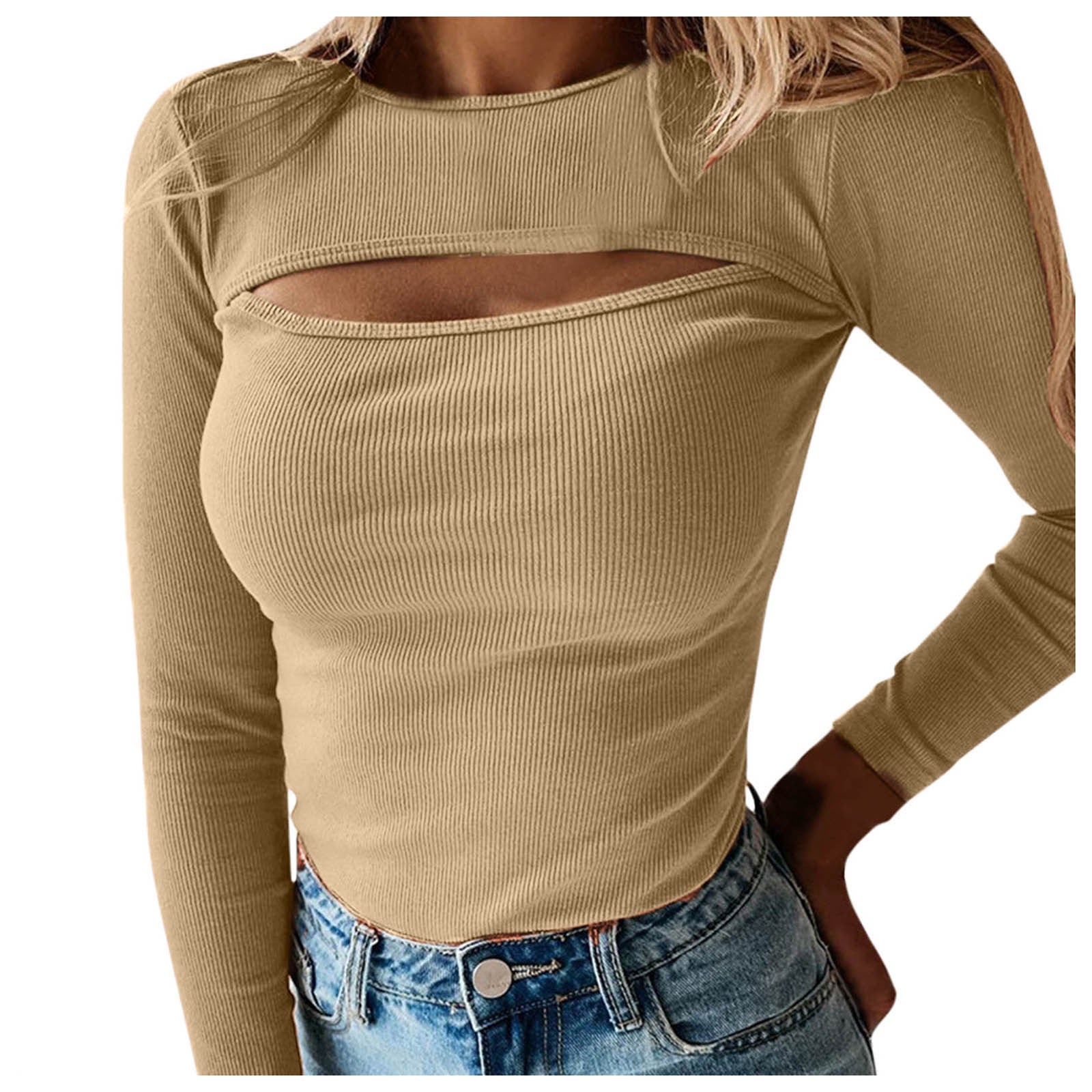 Stylish Cutout Ribbed Blouse with Elegant Long Sleeves