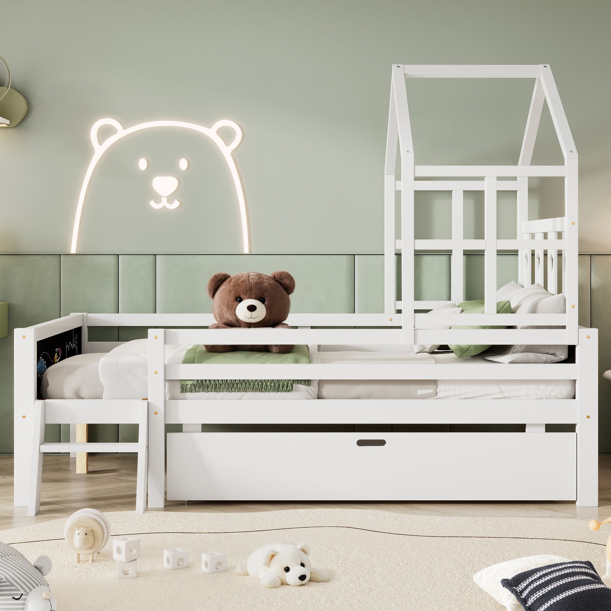 Whimsical Loft Bed with Chalkboard Ends and Storage for Kids - Sturdy Wooden Design