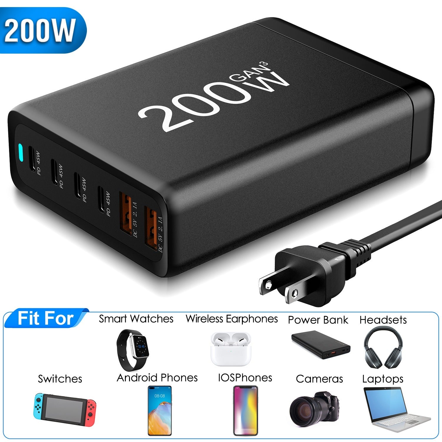 Ultra-Fast 200W Multi-Device Charger with 6 Ports for Instant Power