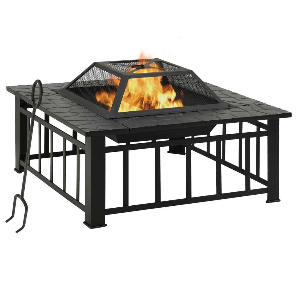 Outdoor Steel Fire Pit with Safety Mesh Cover and Poker