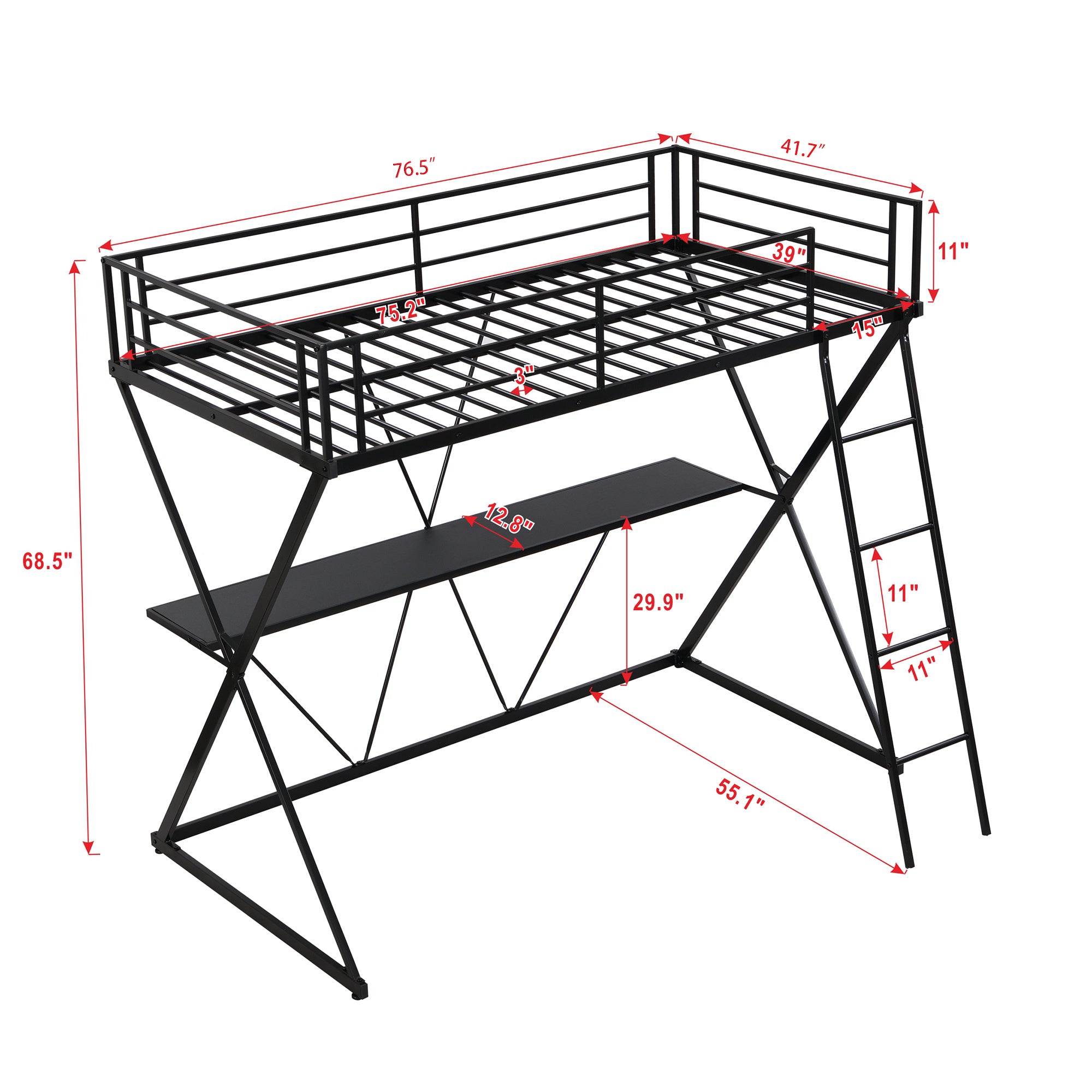 Industrial Twin Loft Bed with Integrated Study Desk