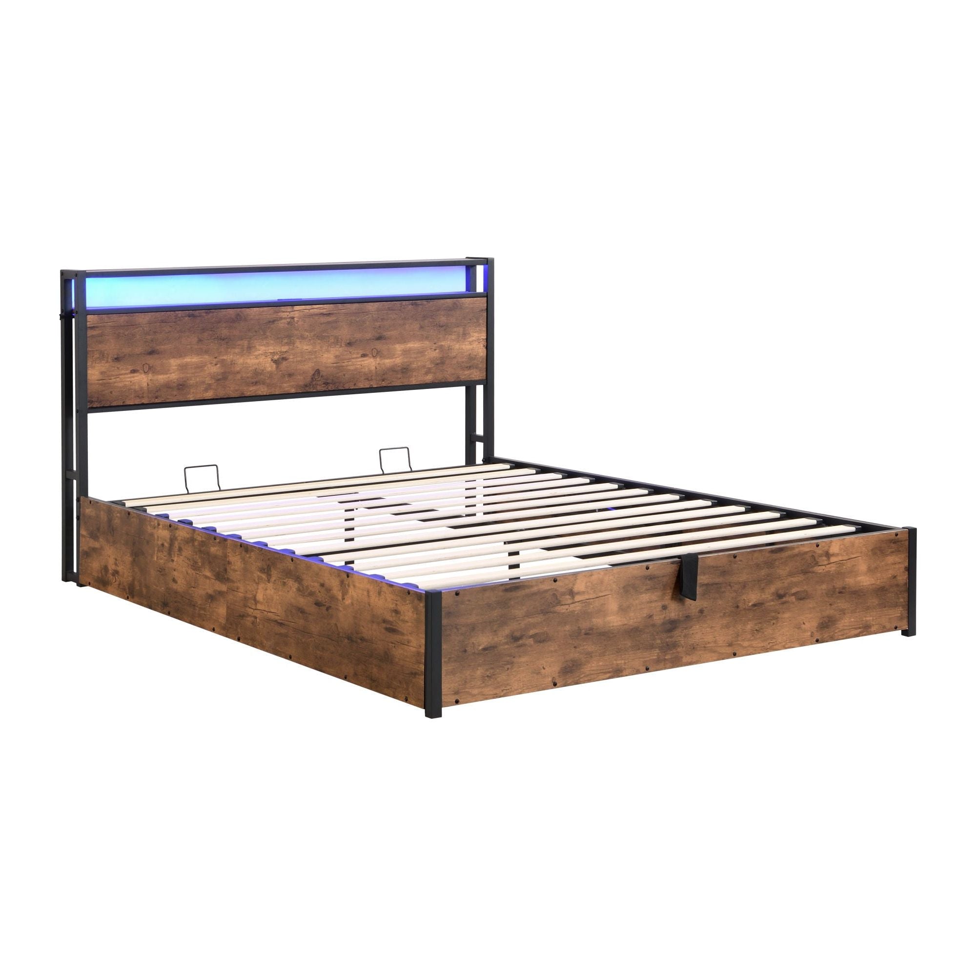 Smart Storage Haven: Contemporary Lift-Up Bed Frame with LED Ambiance