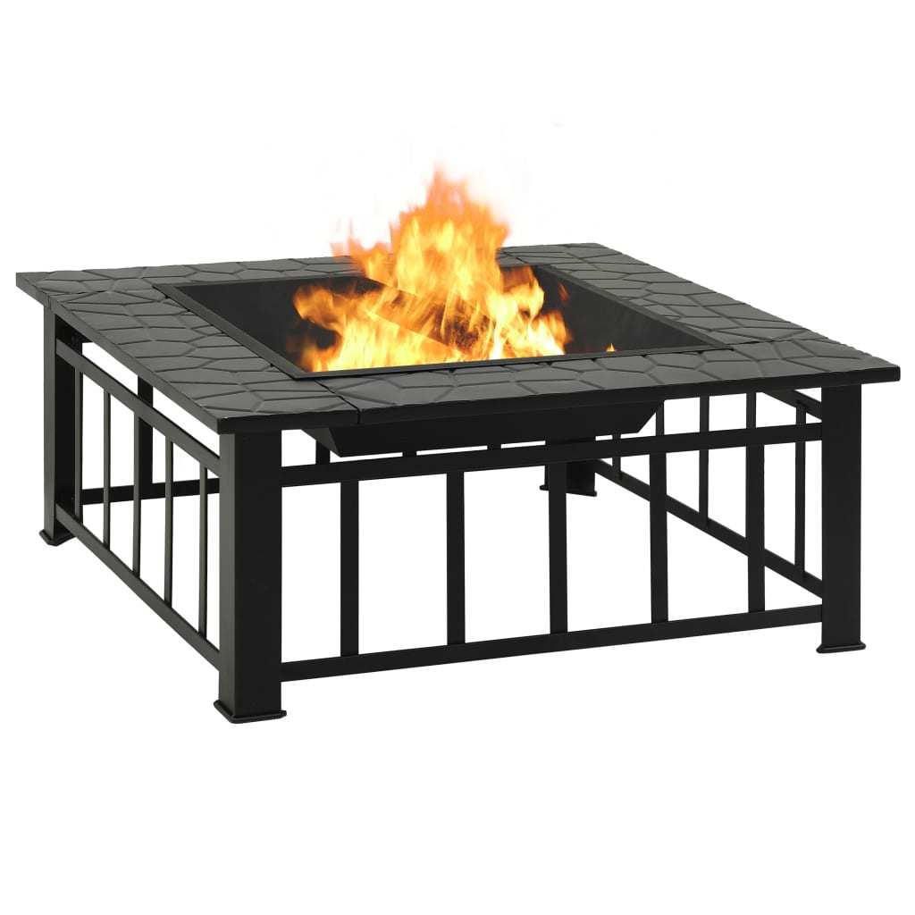 Outdoor Steel Fire Pit with Safety Mesh Cover and Poker