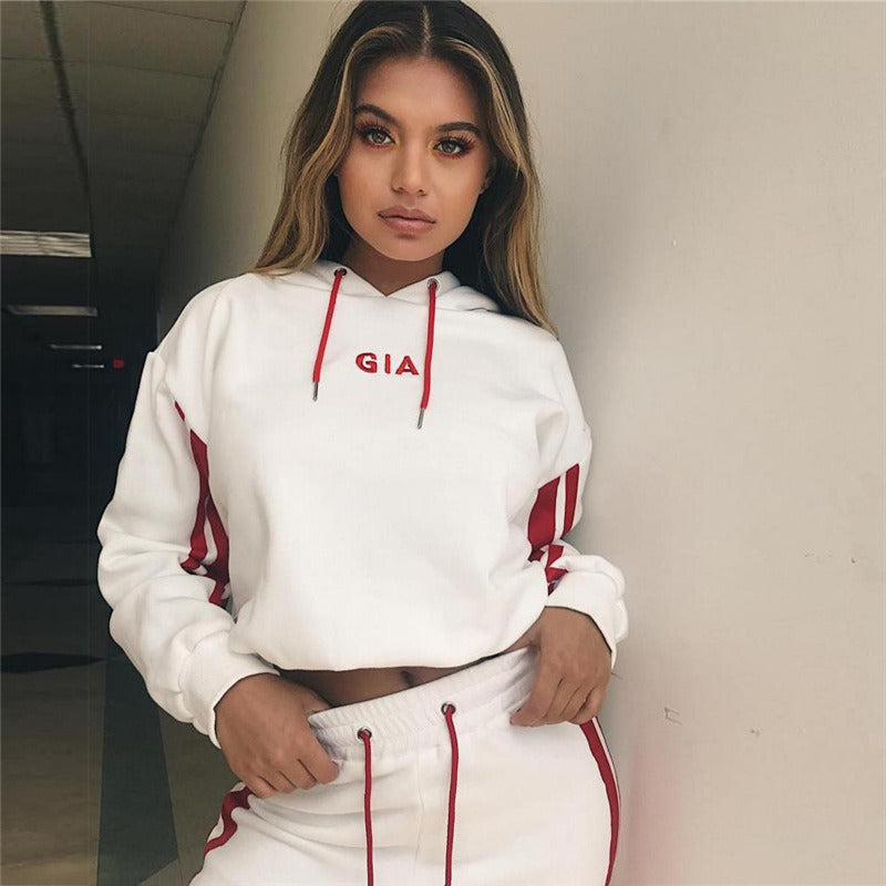 Chic Women's 2-Piece Tracksuit: Casual Hooded Crop Sweatshirt & Red White Sweat Pants Set