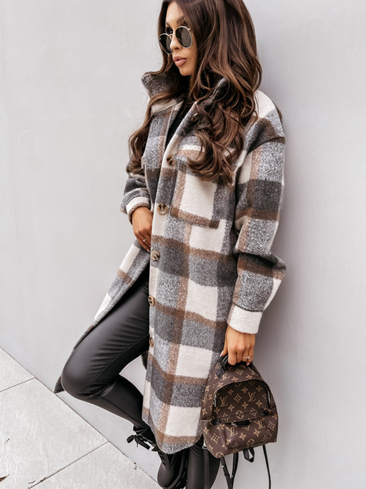 Chic Plaid Print Woolen Coats for Women