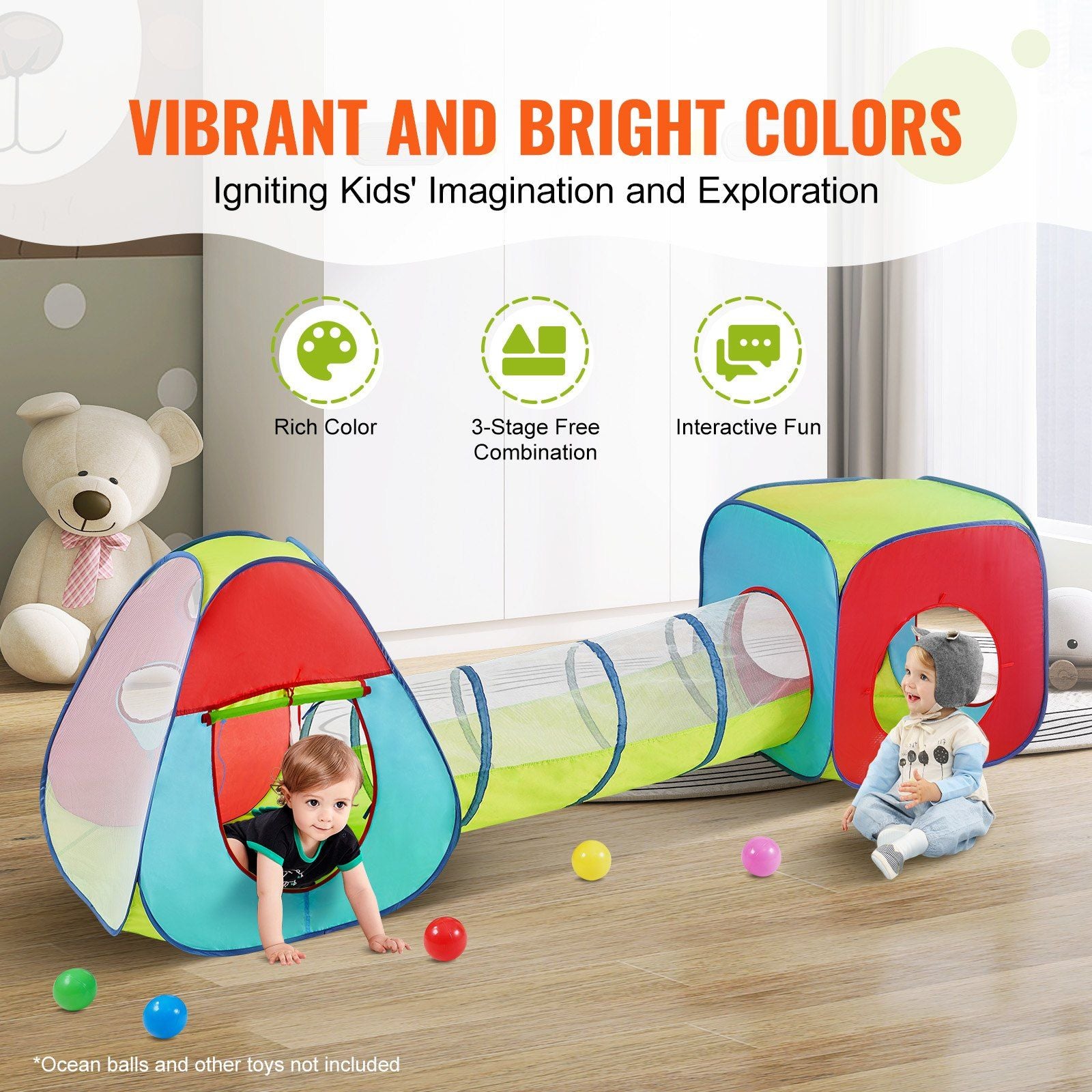 VEVOR 3-in-1 Colorful Play Tunnel and Tent Set for Kids - Indoor/Outdoor Fun for Boys and Girls