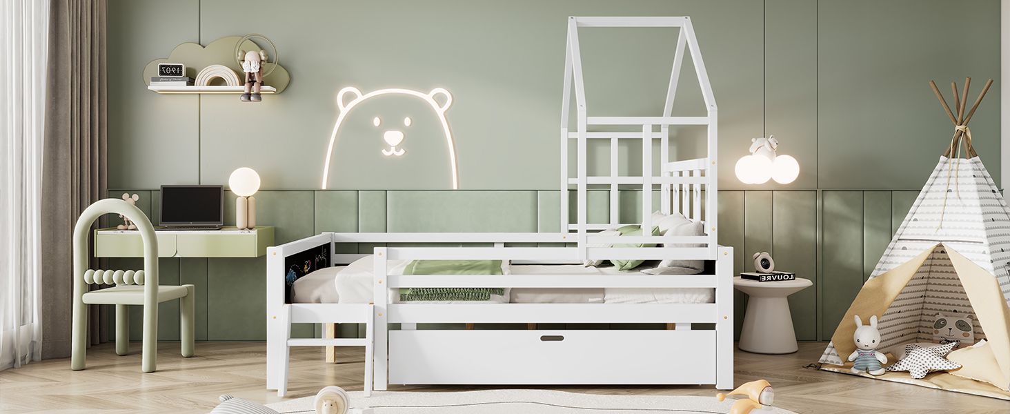 Whimsical Loft Bed with Chalkboard Ends and Storage for Kids - Sturdy Wooden Design