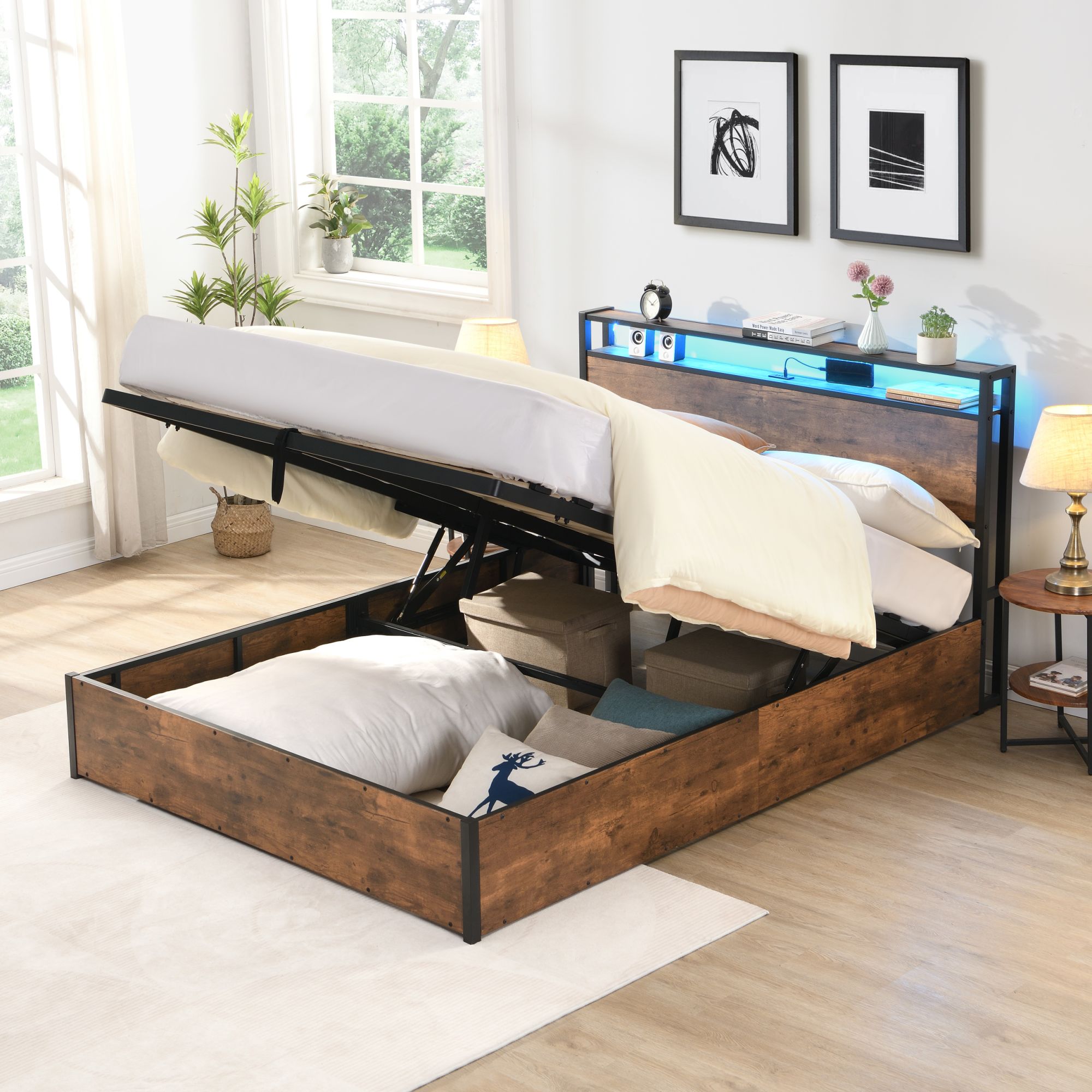 Smart Storage Haven: Contemporary Lift-Up Bed Frame with LED Ambiance