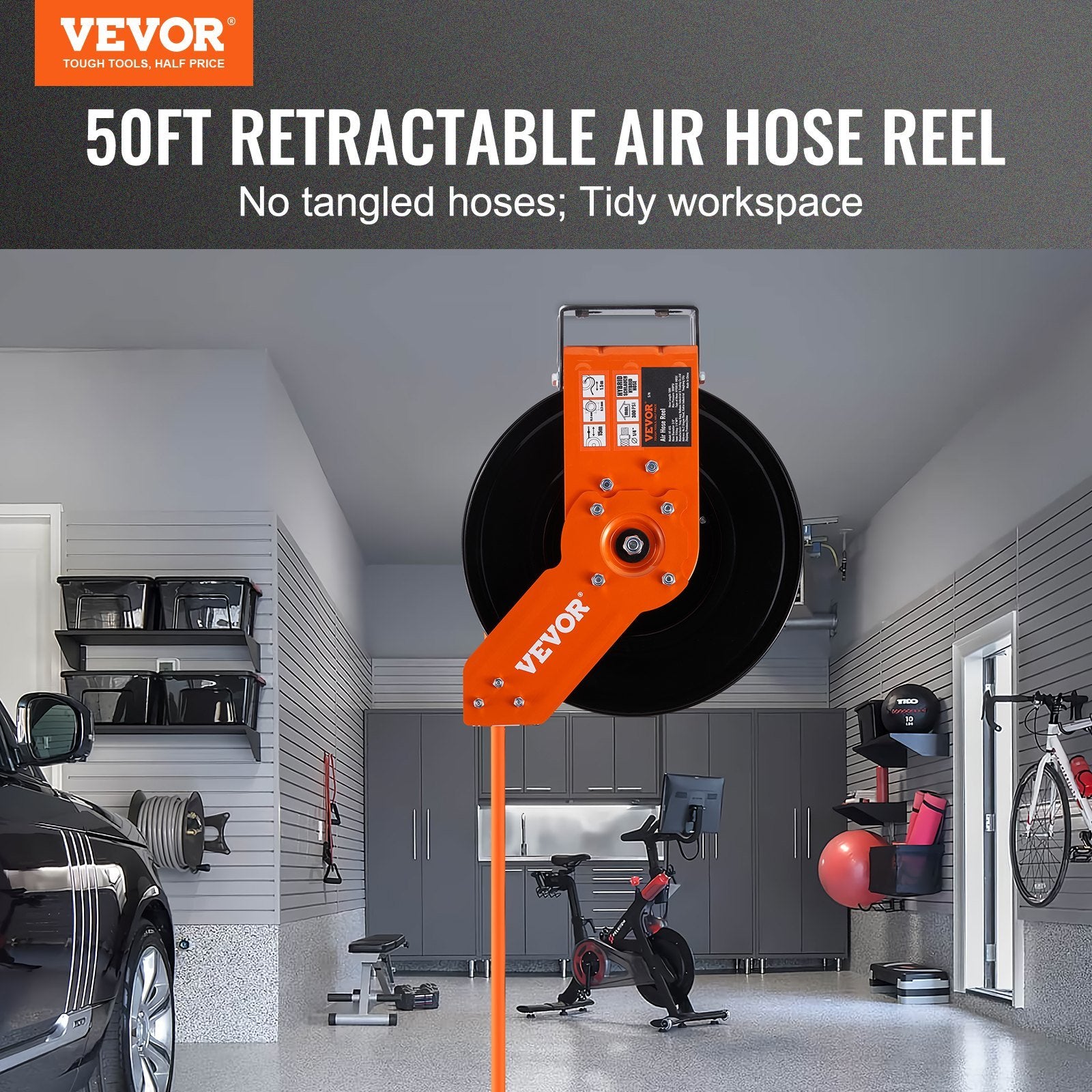 VEVOR 50FT Automatic Retractable Air Hose Reel with 180° Swivel Mount