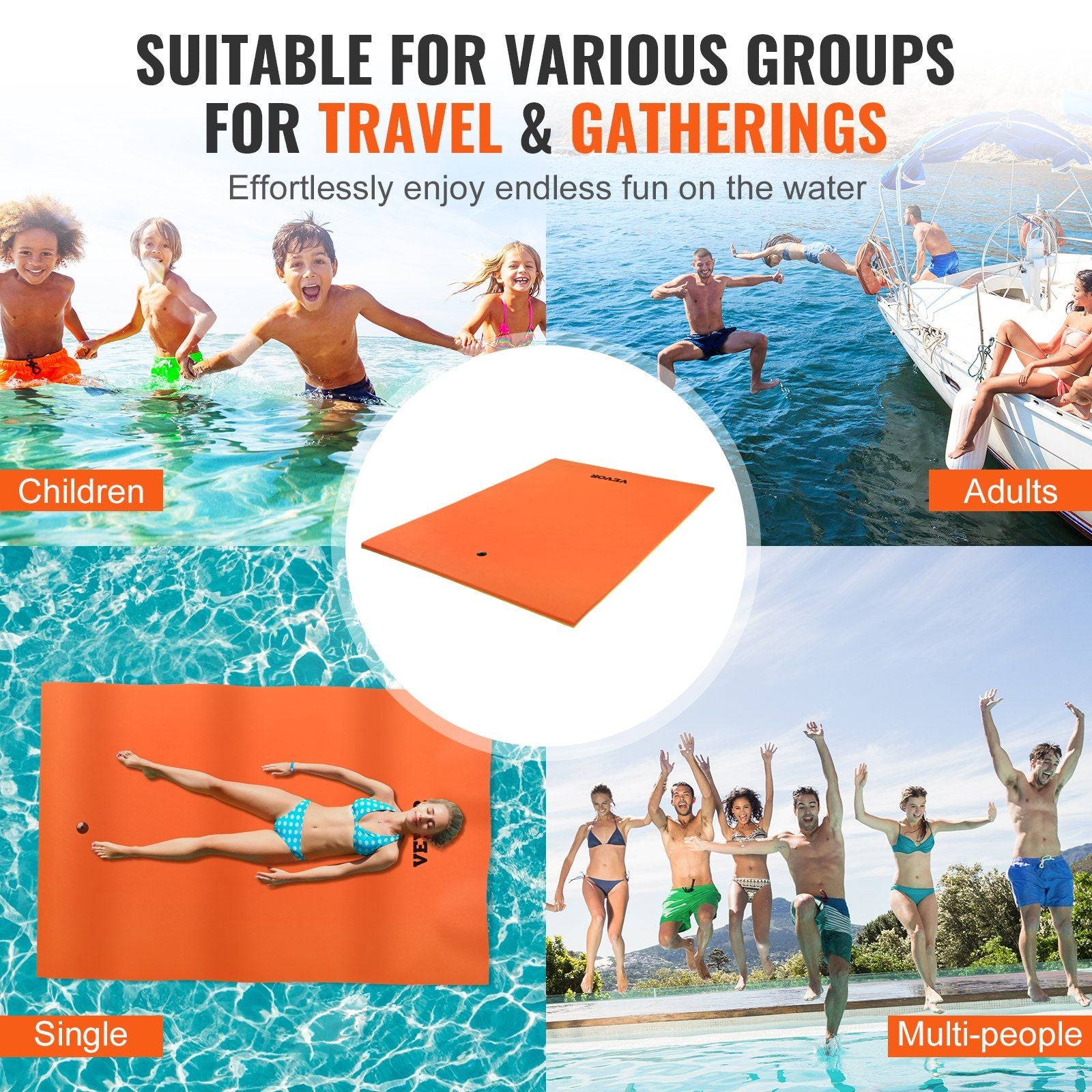 VEVOR Giant Floating Water Mat, 9x6 FT 3-Layer XPE Foam Pad for Family Fun, 1.3" Thick with High Visibility