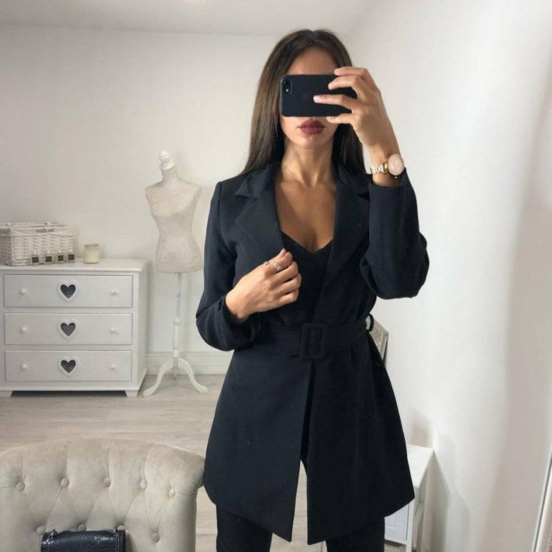 Elegant Long-Sleeve Belted Suit Jacket