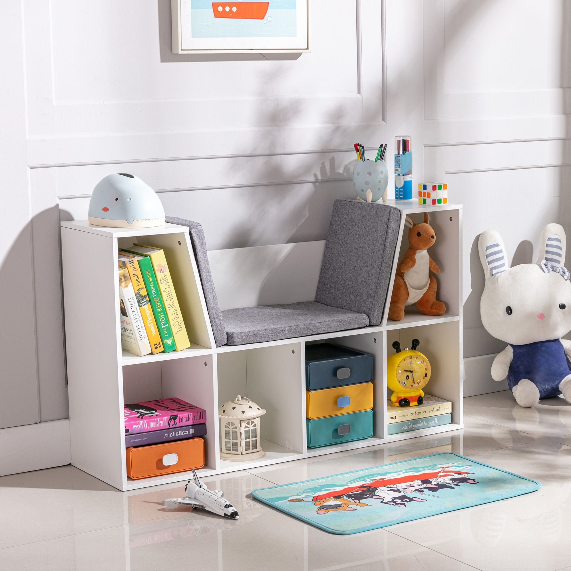 Kids' 6-Cubby Bookcase with Cozy Reading Nook and Cushion for Multi-Use Storage