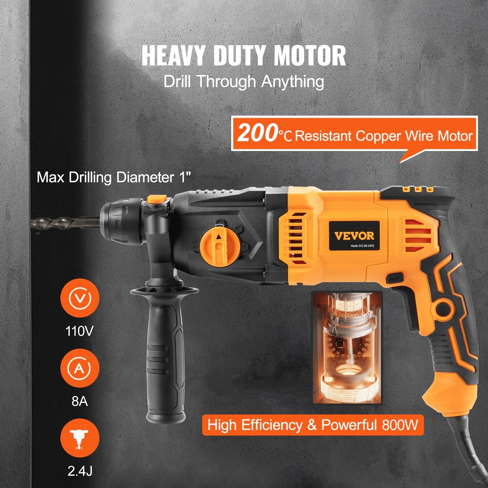 VEVOR Heavy-Duty SDS-Plus Rotary Hammer Drill with 4 Function Modes and 1" Max Drilling Diameter