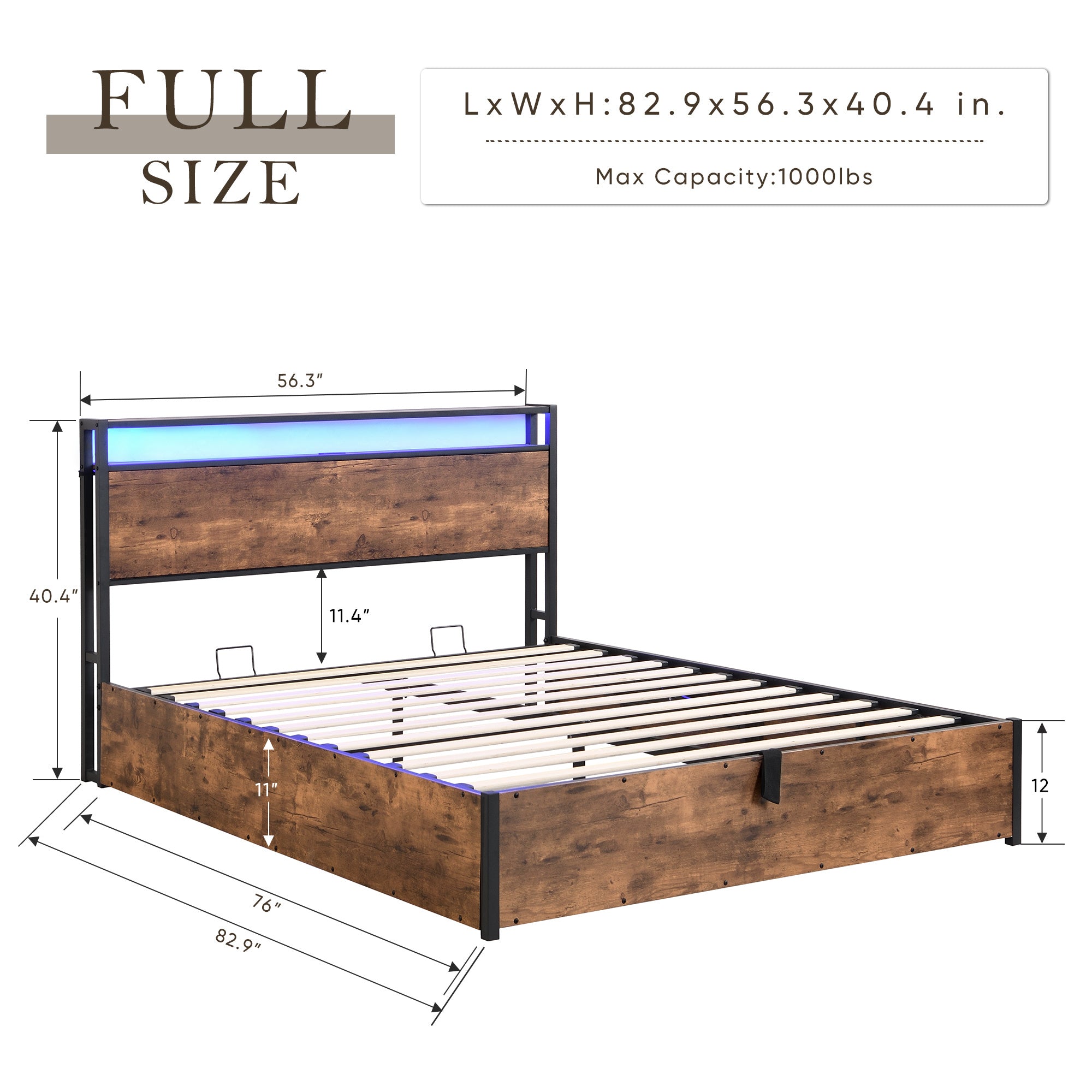 Smart Storage Haven: Contemporary Lift-Up Bed Frame with LED Ambiance