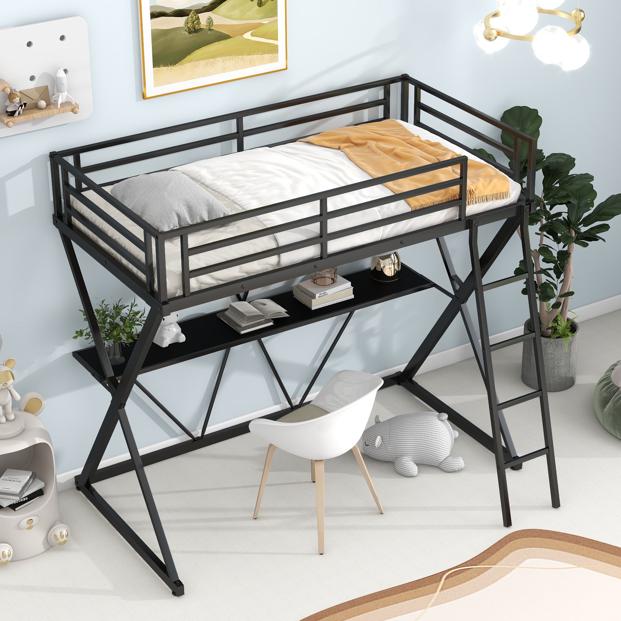 Industrial Twin Loft Bed with Integrated Study Desk