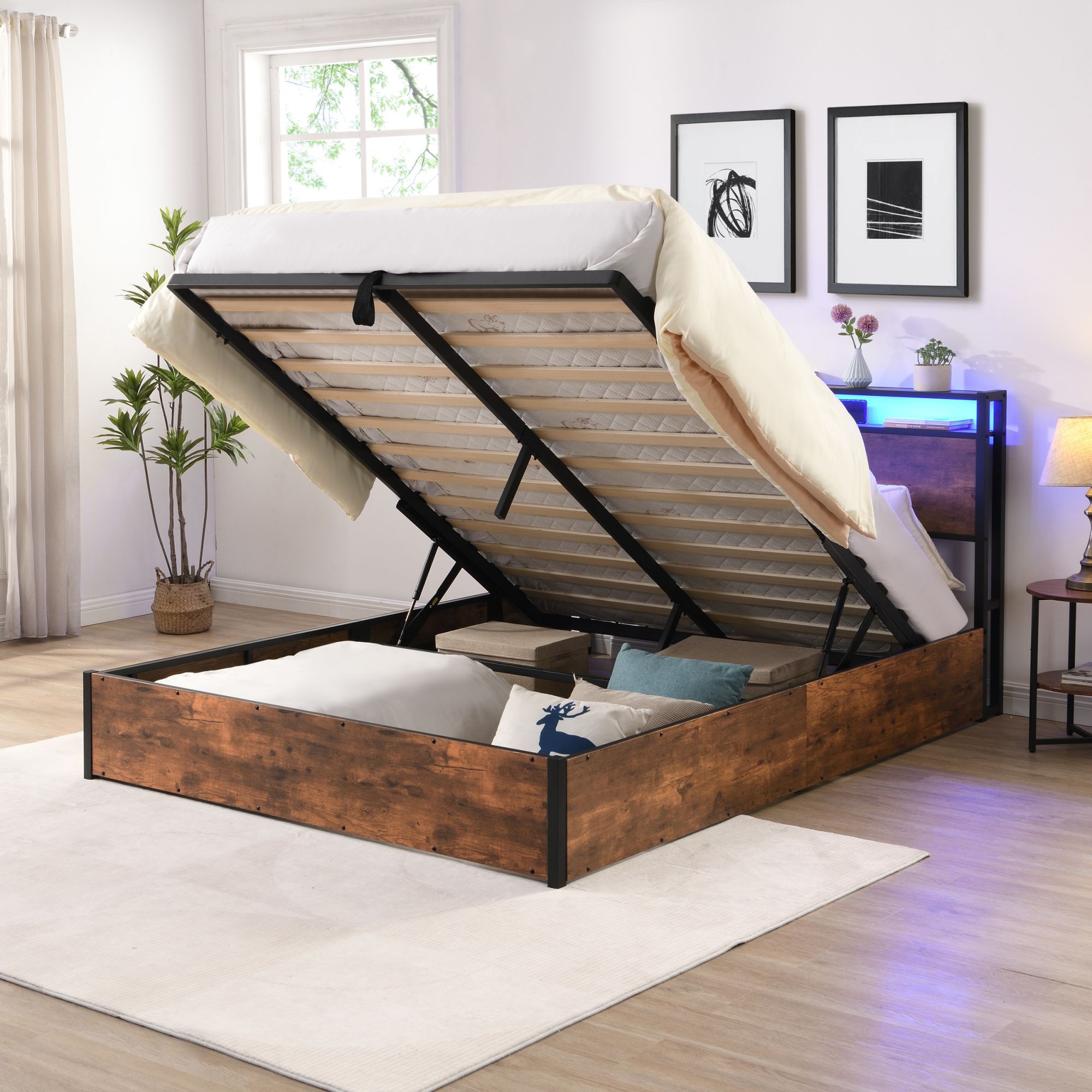 Smart Storage Haven: Contemporary Lift-Up Bed Frame with LED Ambiance