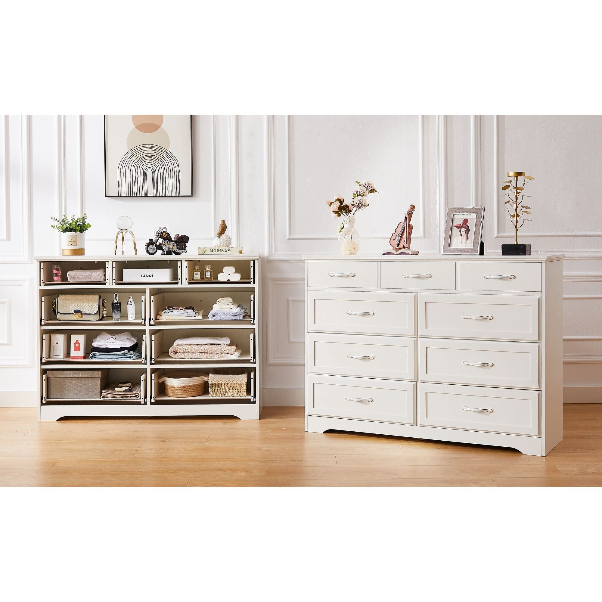 Rustic 9-Drawer White Dresser with Antique Handles for Kids' Rooms and Beyond
