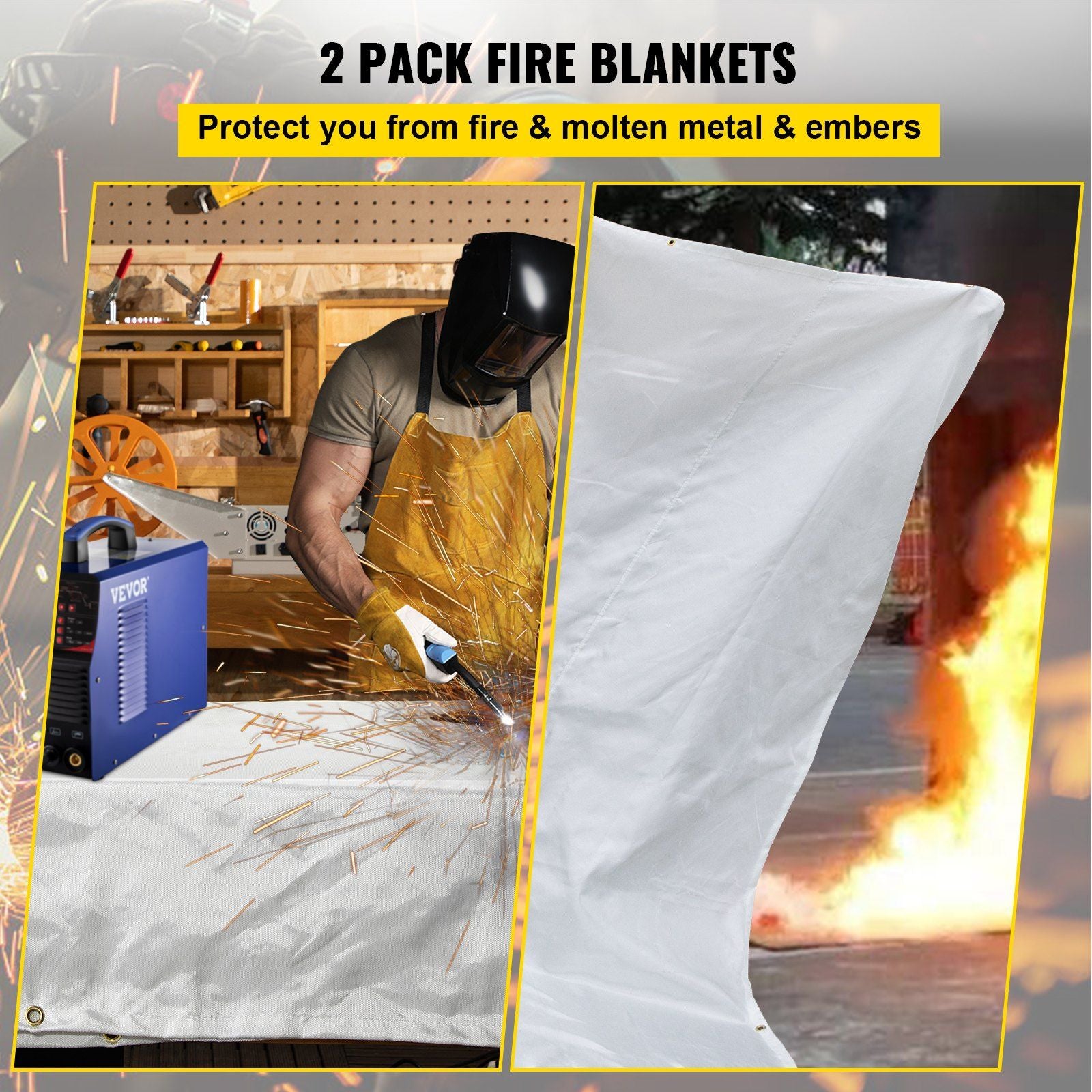Heavy-Duty Fiberglass Fire Blankets - 2 Pack