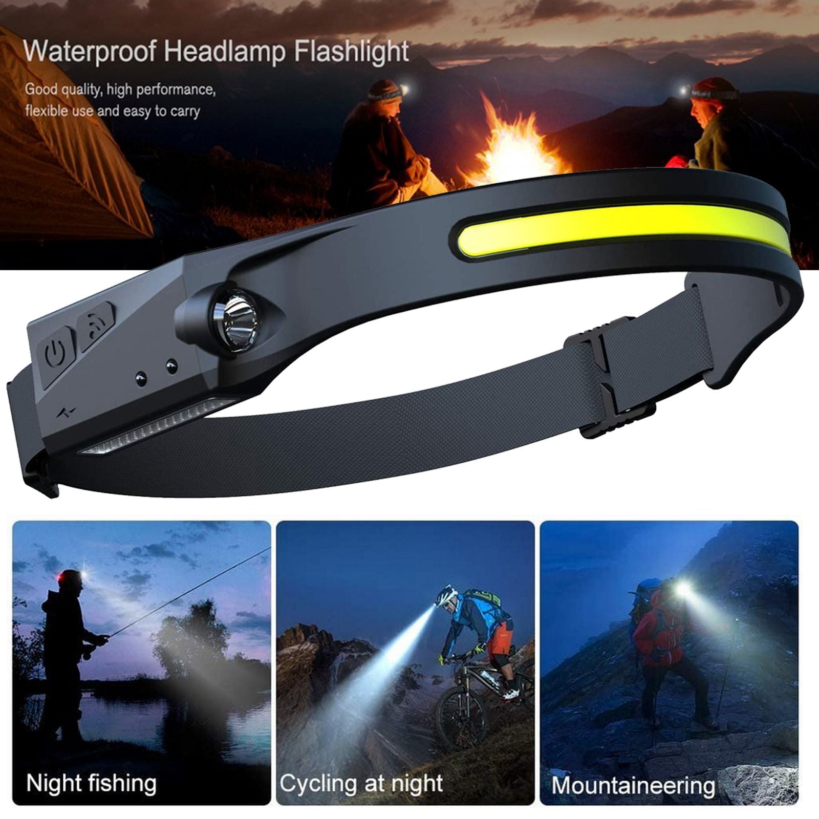 Rechargeable COB LED Induction Headlamp - 350 Lumens Waterproof Flashlight for Camping, Hiking, and Hunting with 270-Degree Wide Angle Lighting