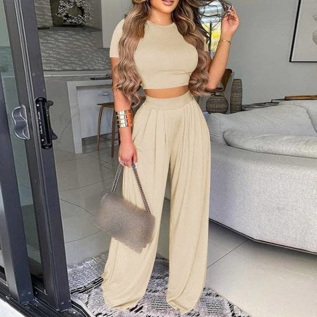 Two Piece Sets Elegant Print Short Sleeve Shirt Pullover Wide Leg Pants Suits