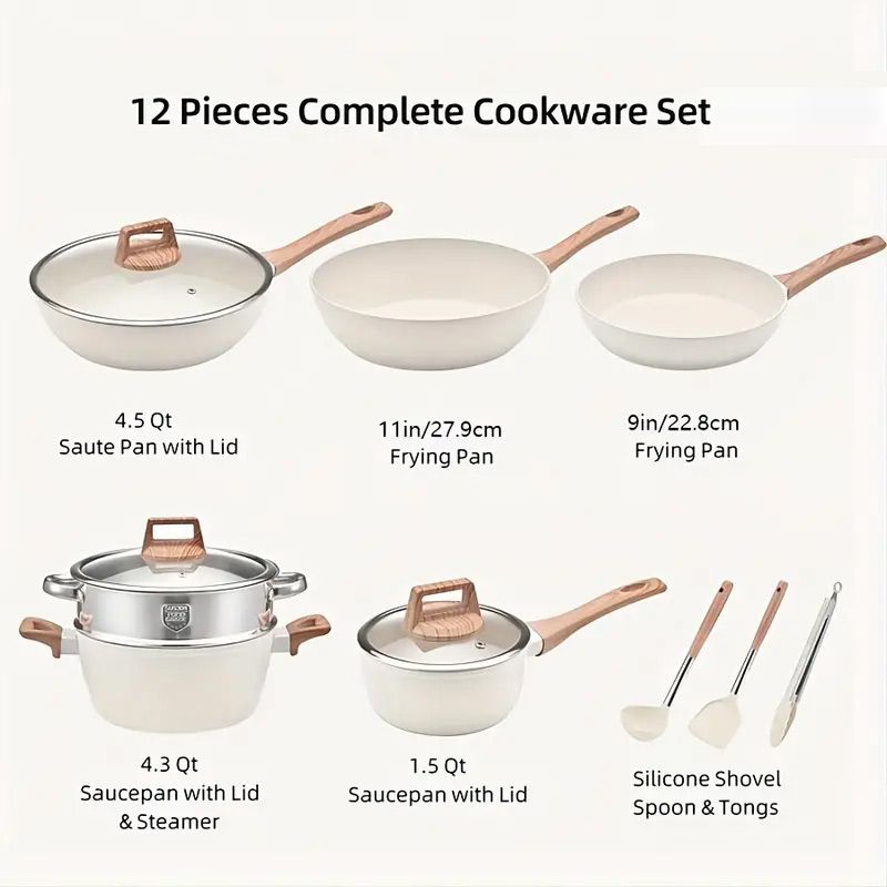 Granite Nonstick 12-Piece Cookware Set with Frying Pan, Steamer, and Accessories