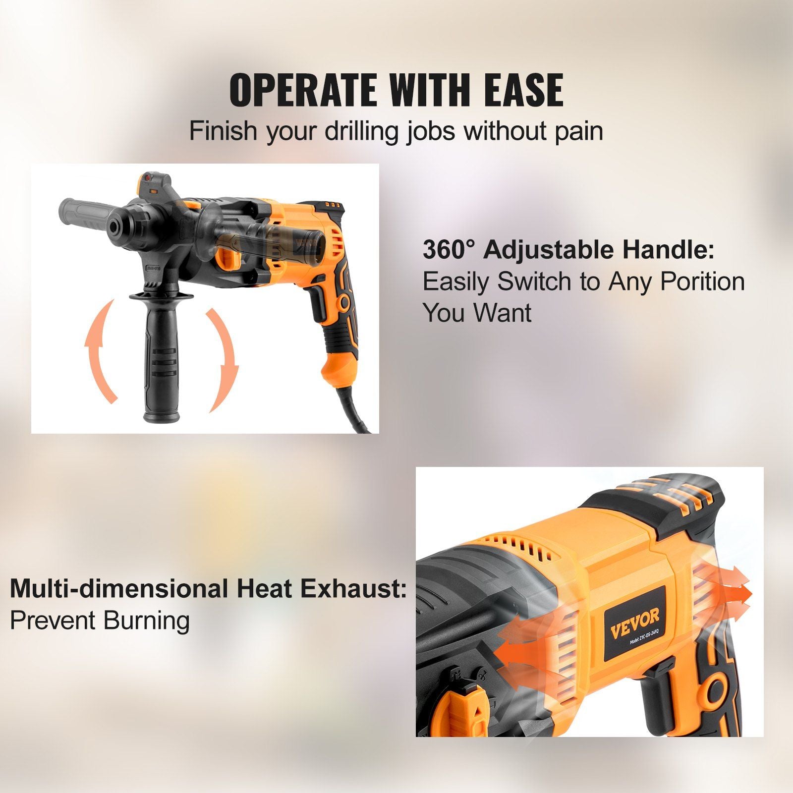 VEVOR Heavy-Duty SDS-Plus Rotary Hammer Drill with 4 Function Modes and 1" Max Drilling Diameter