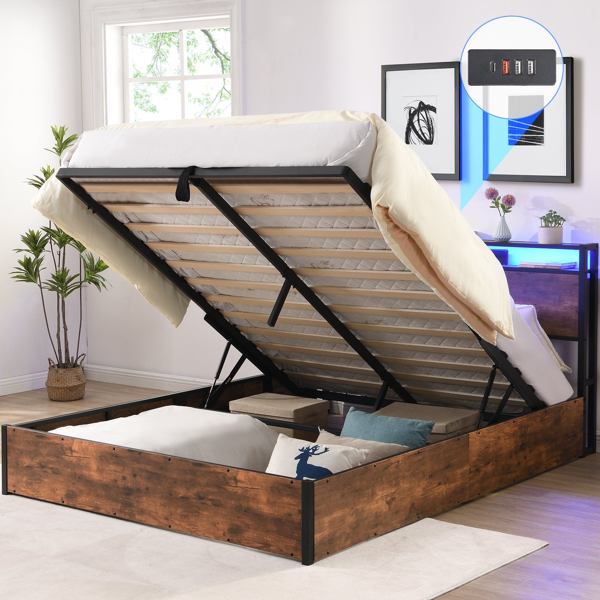 Smart Storage Haven: Contemporary Lift-Up Bed Frame with LED Ambiance