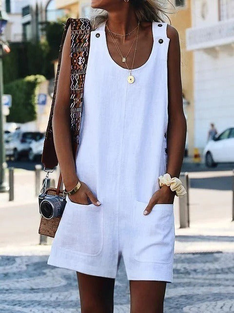 Summer New Women's Pocket Button Cotton and Linen Strap Button Jumpsuit