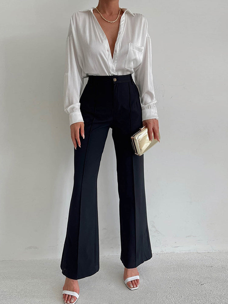 Elegant Autumn Flare Trousers for Women - Trendy Office Chic with Button Accent