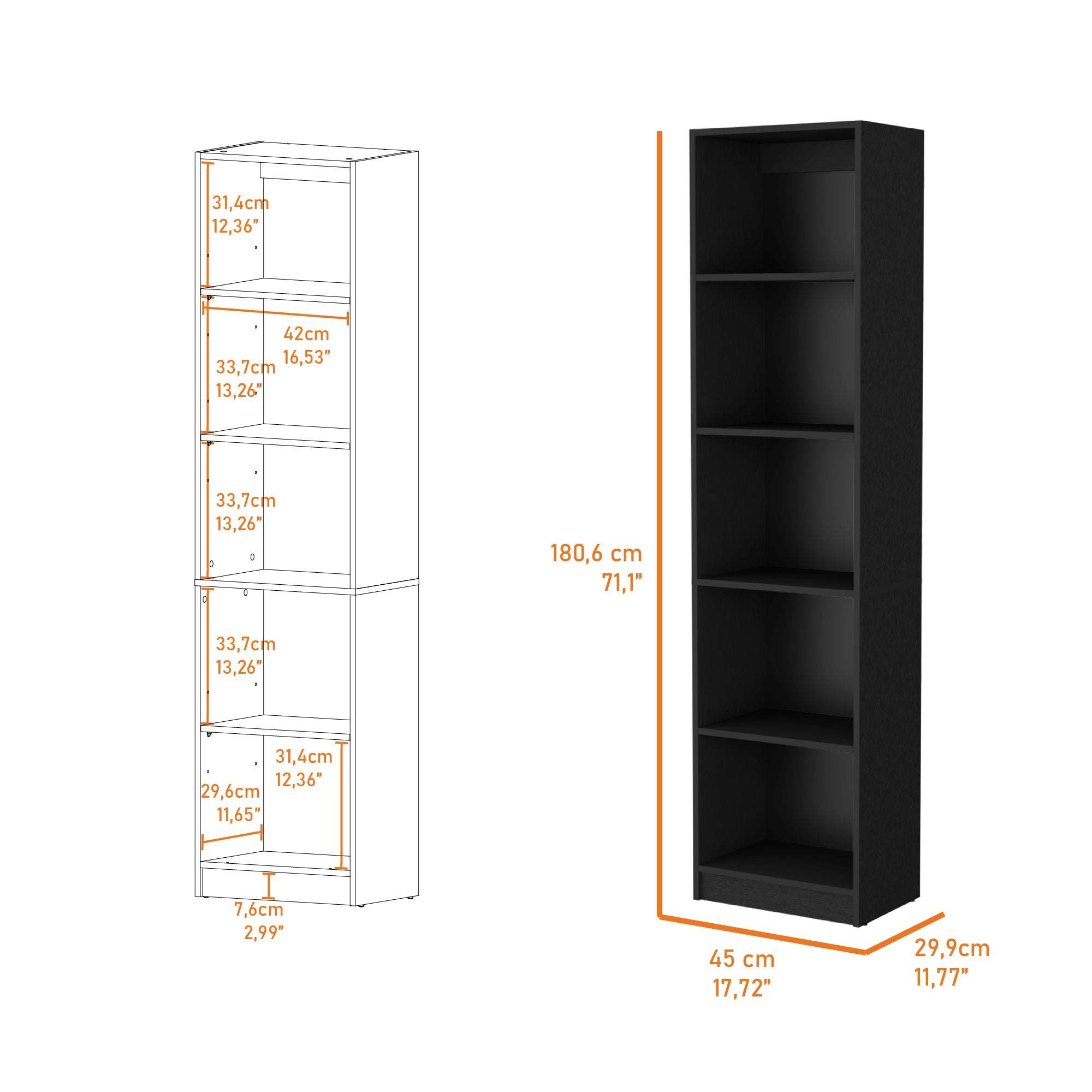 Sleek Black 5-Tier Bookcase for Modern Homes