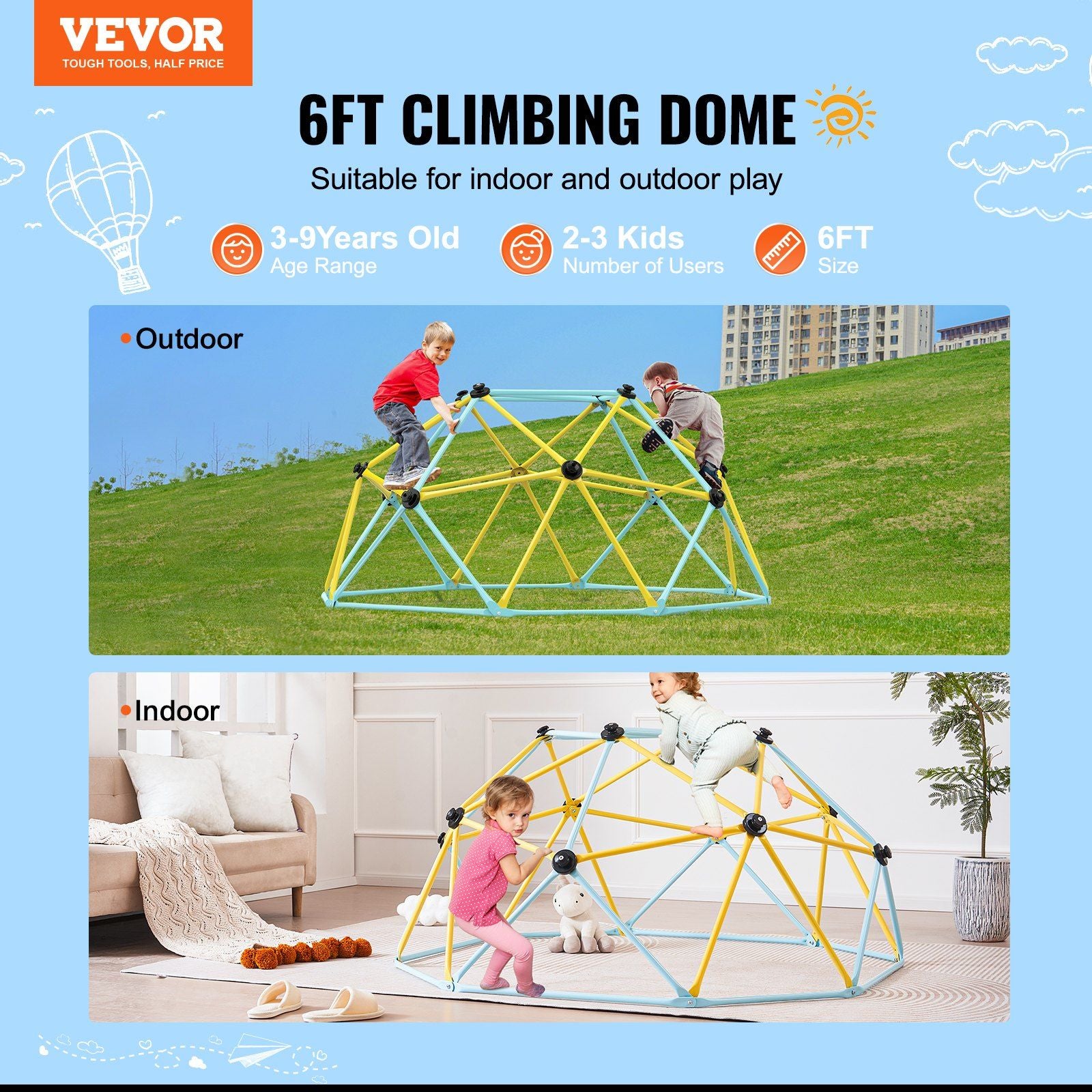 VEVOR 6FT Geometric Climbing Dome for Kids - Durable Jungle Gym Supports Up to 600LBS, Perfect for Indoor & Outdoor Play