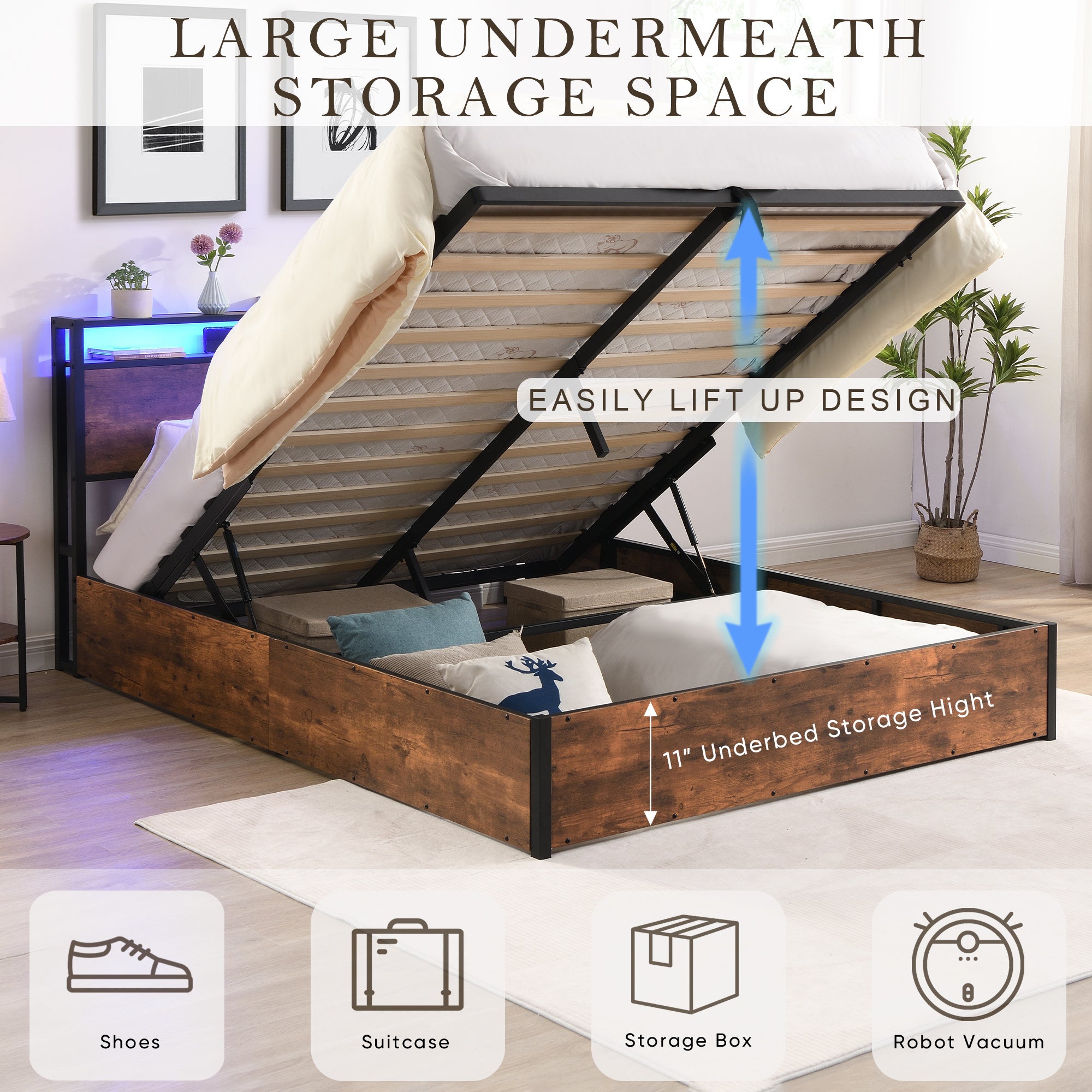 Smart Storage Haven: Contemporary Lift-Up Bed Frame with LED Ambiance