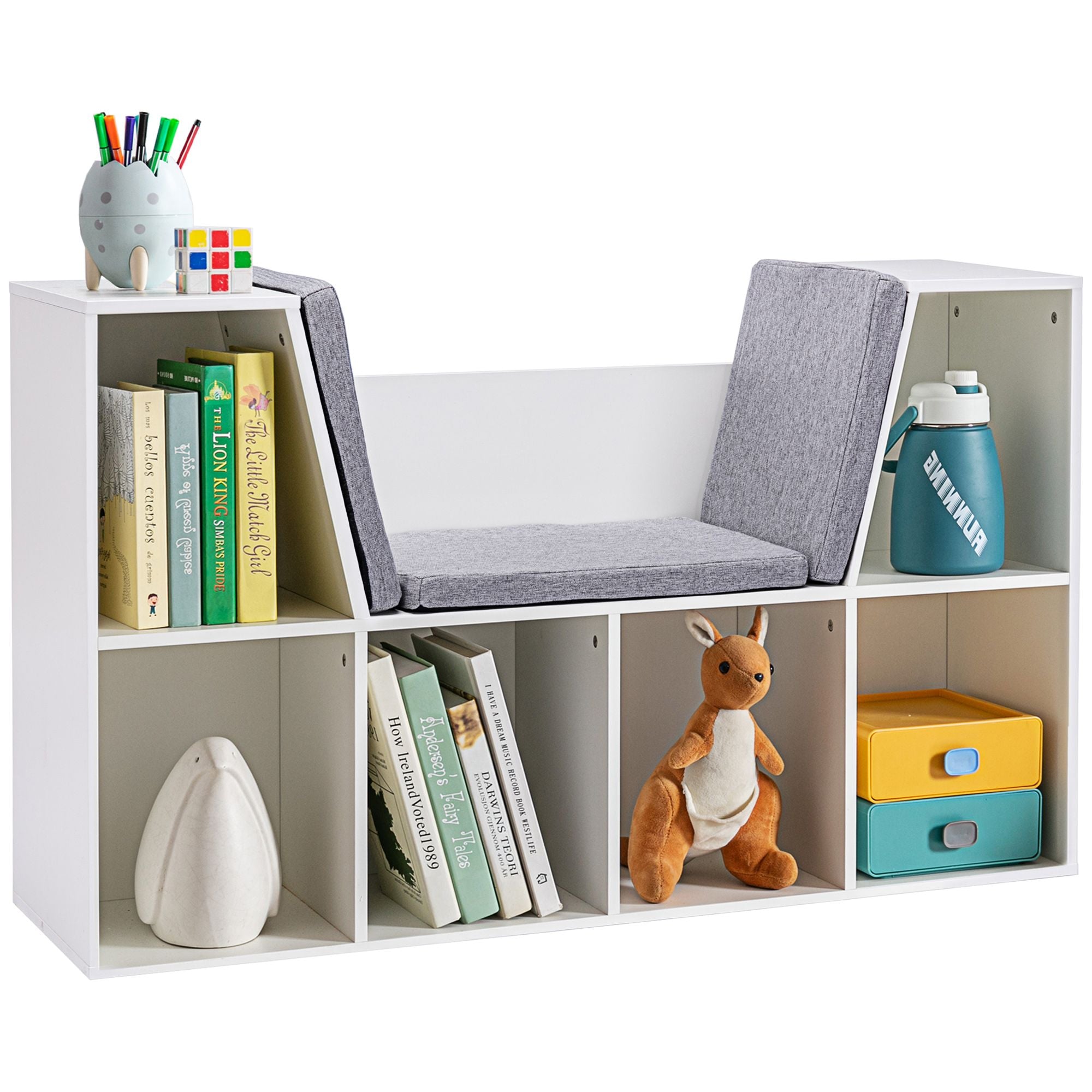 Kids' 6-Cubby Bookcase with Cozy Reading Nook and Cushion for Multi-Use Storage