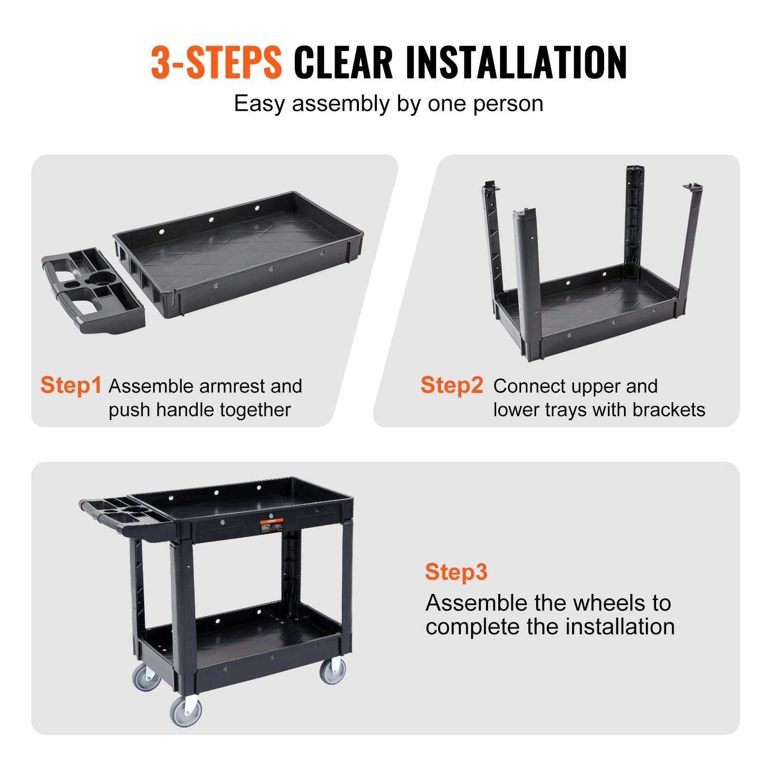 VEVOR Heavy-Duty 2-Tier Rolling Utility Cart with Lockable Swivel Wheels