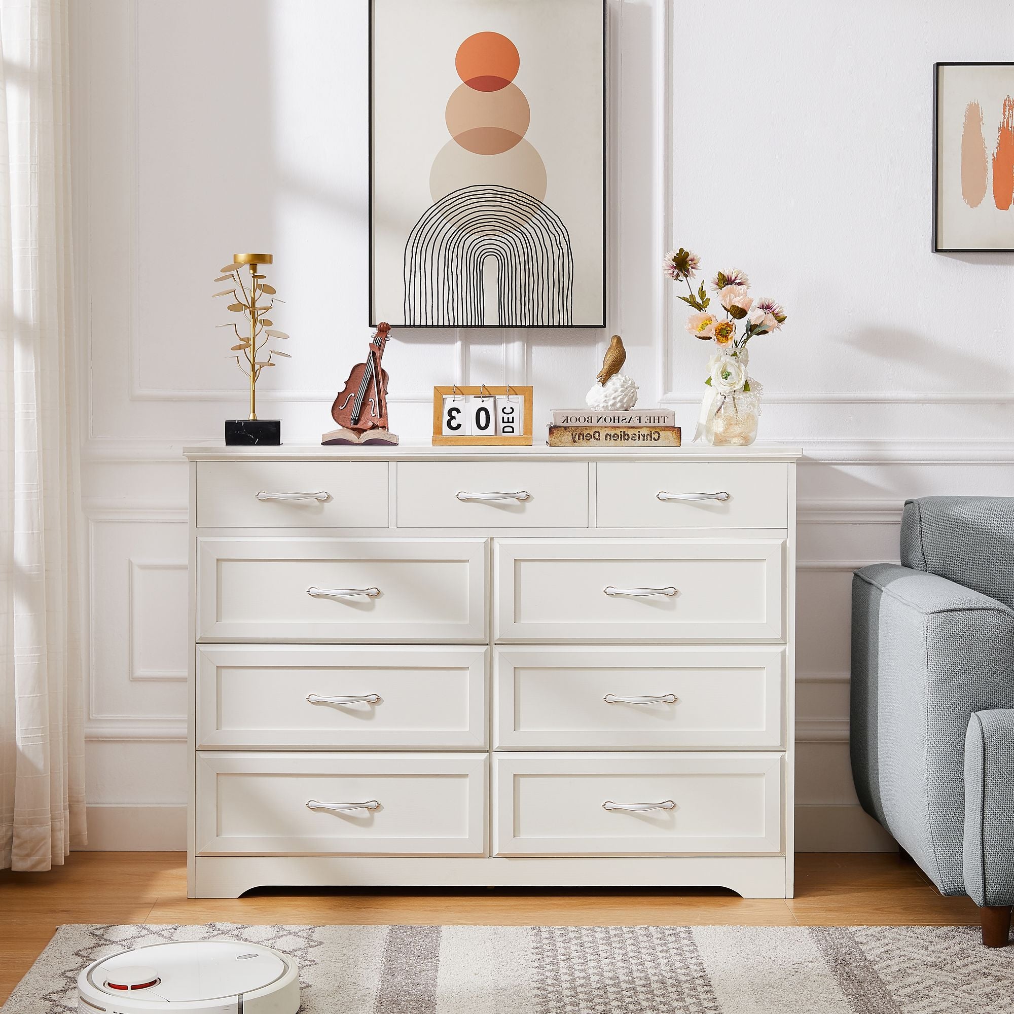 Rustic 9-Drawer White Dresser with Antique Handles for Kids' Rooms and Beyond