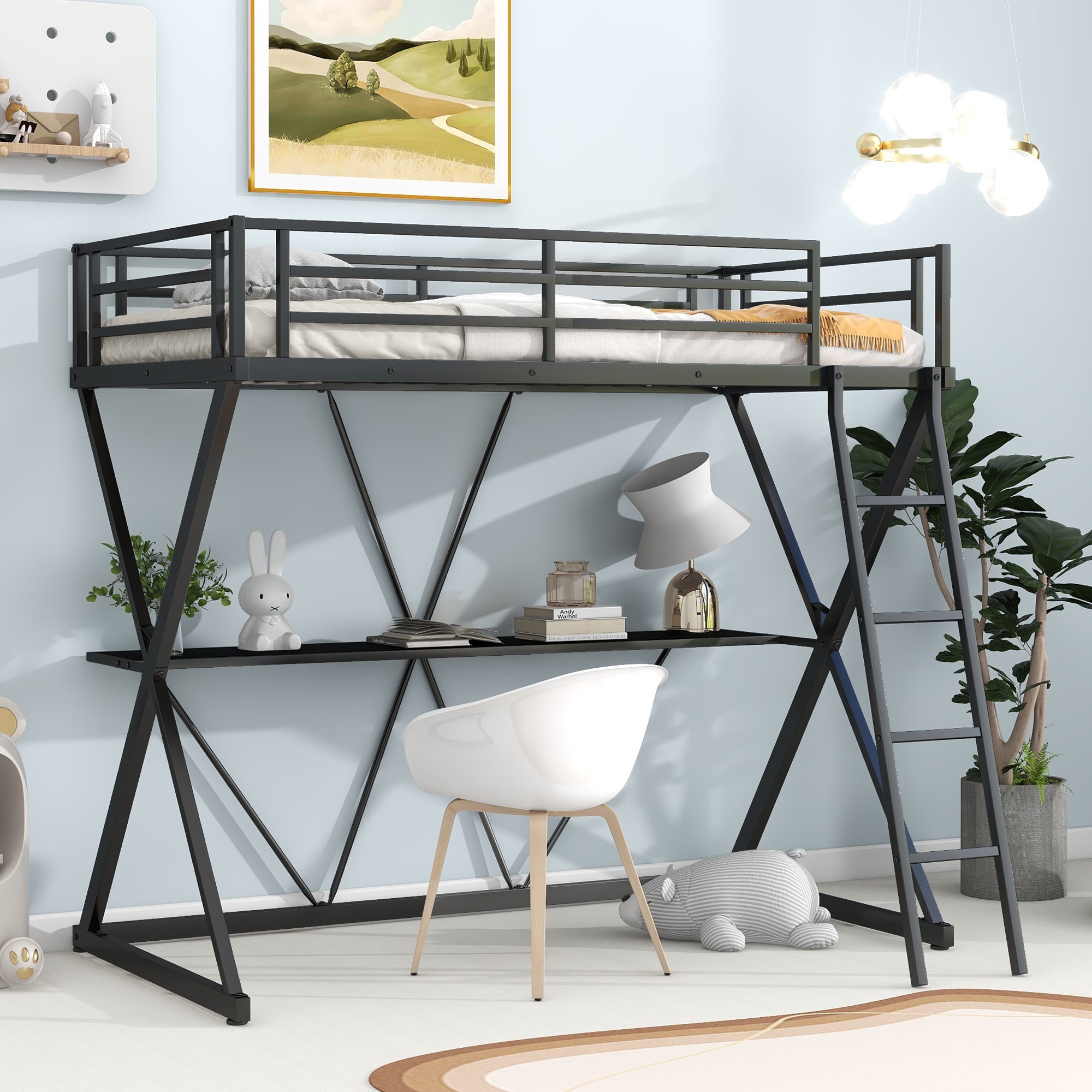 Industrial Twin Loft Bed with Integrated Study Desk