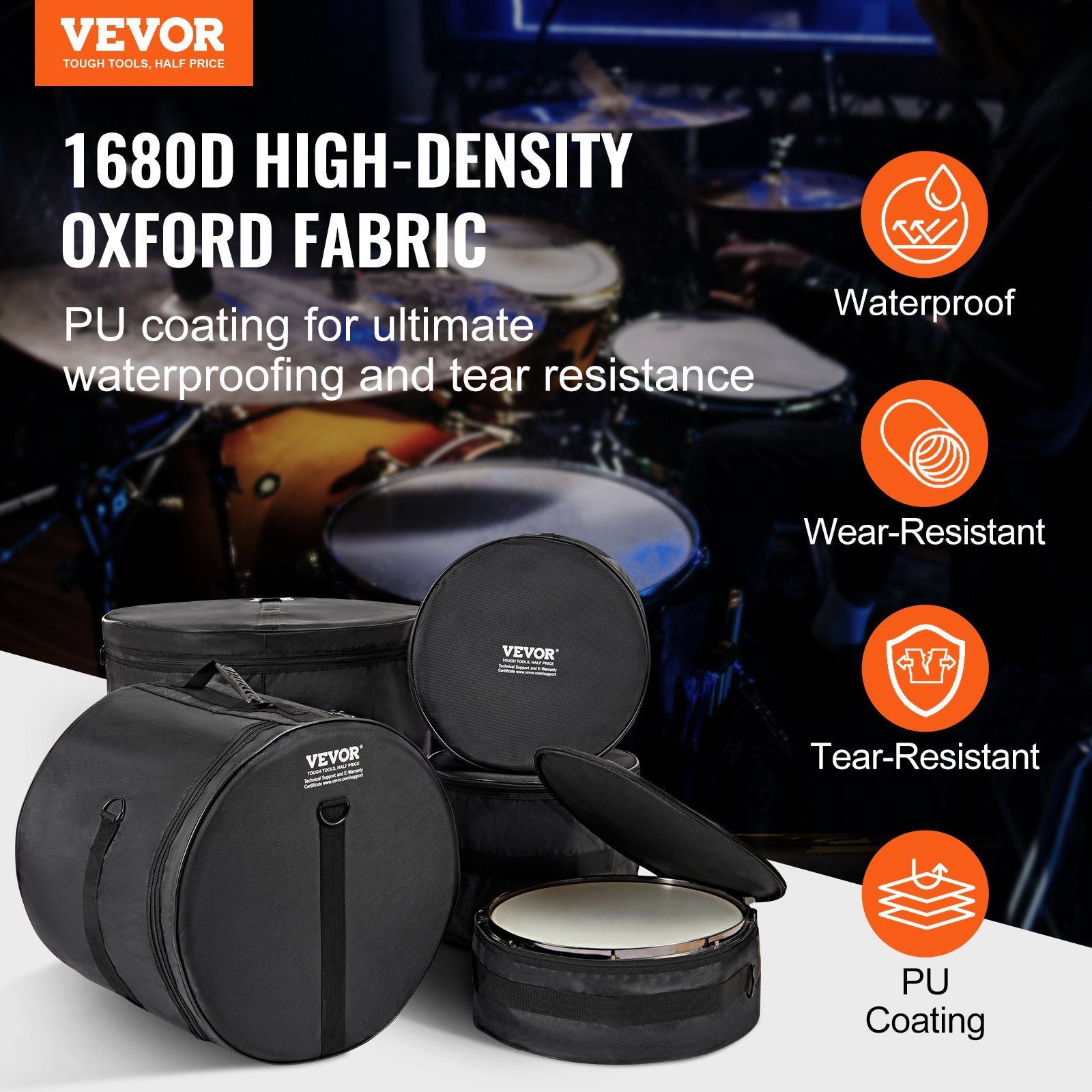 VEVOR 5-Piece Drum Bag Set, 1680D Oxford Fabric, Padded Drum Bags and Cases with 4.92 ft Detachable Shoulder Strap