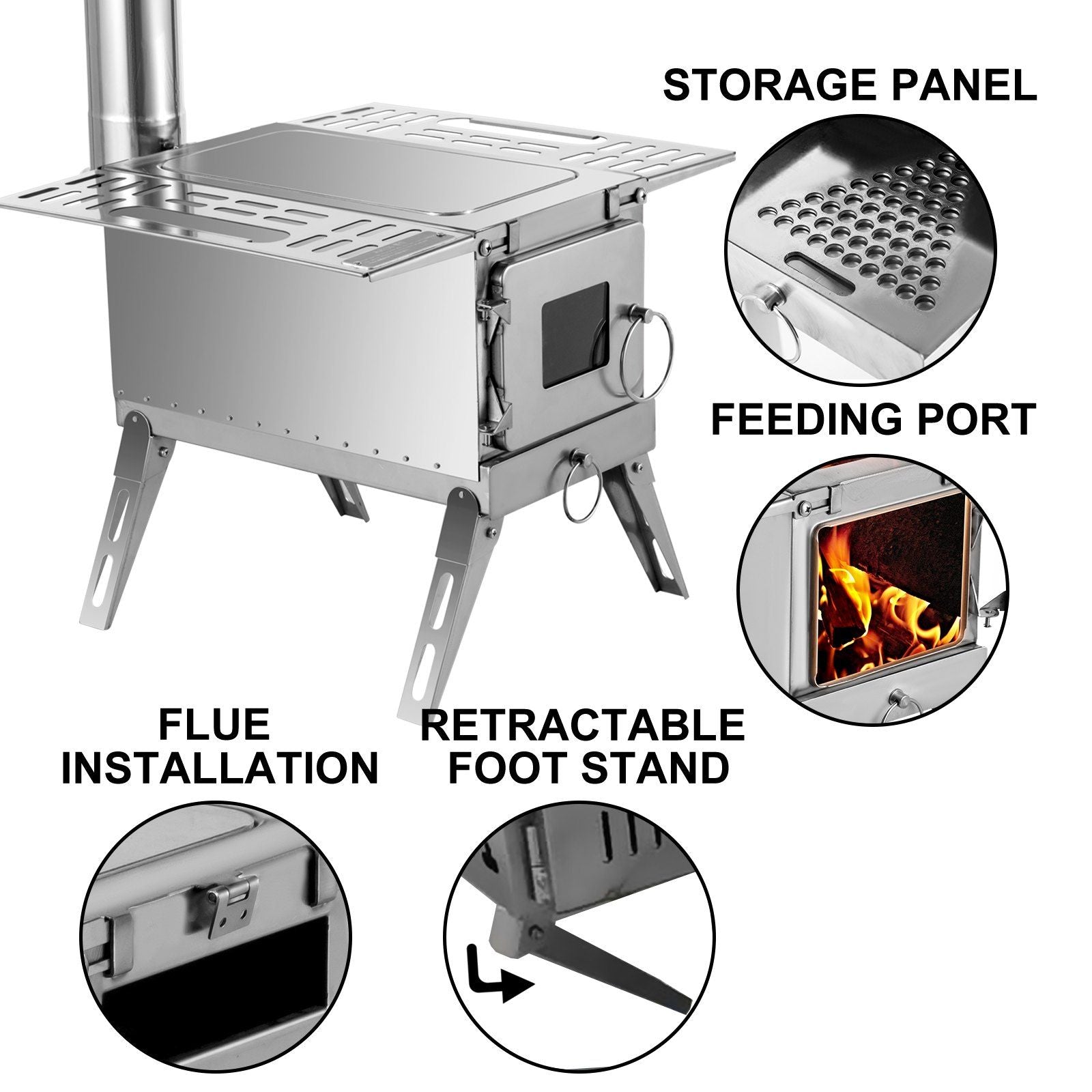 Portable Stainless Steel Wood Burning Tent Stove for Outdoor Camping with Folding Pipe