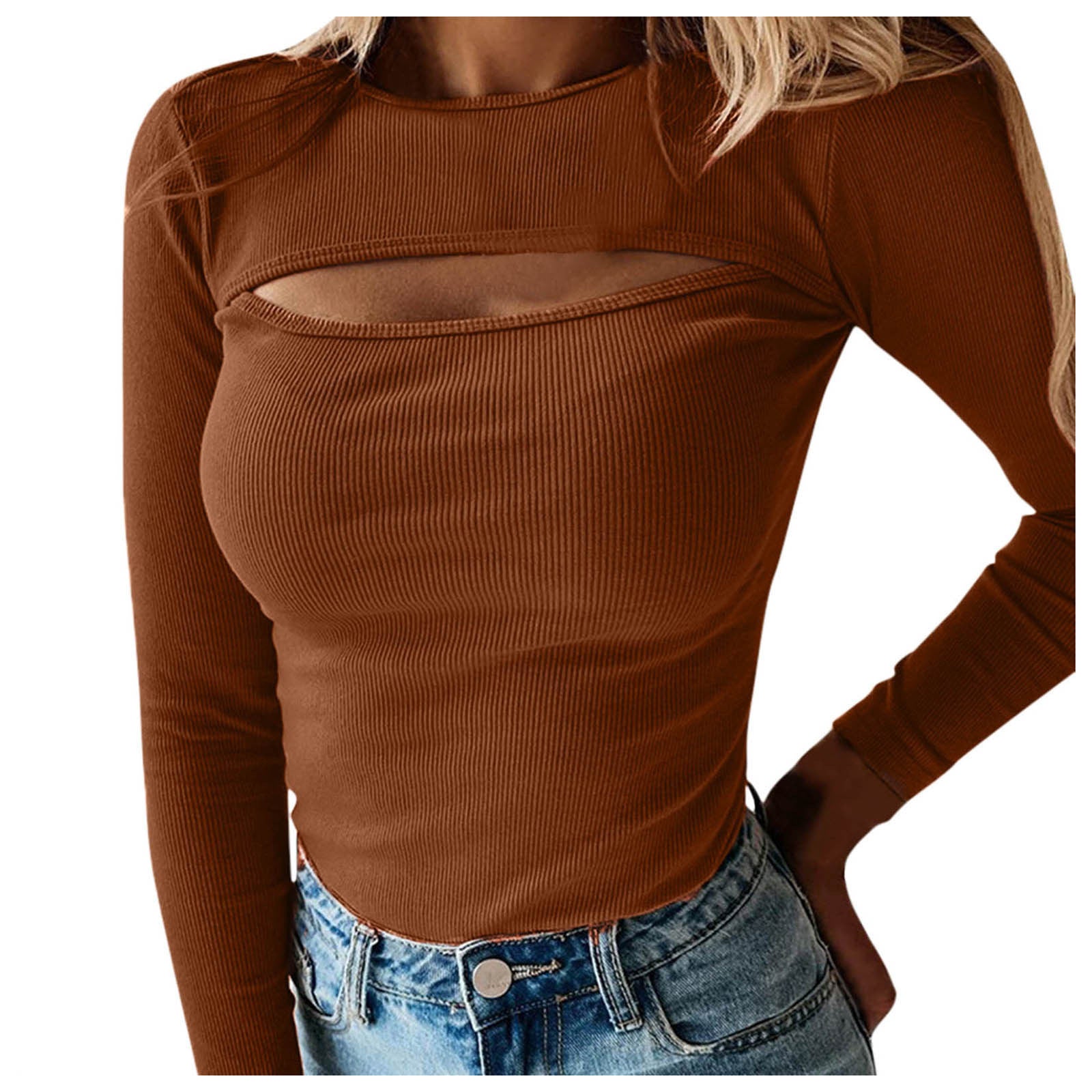 Stylish Cutout Ribbed Blouse with Elegant Long Sleeves