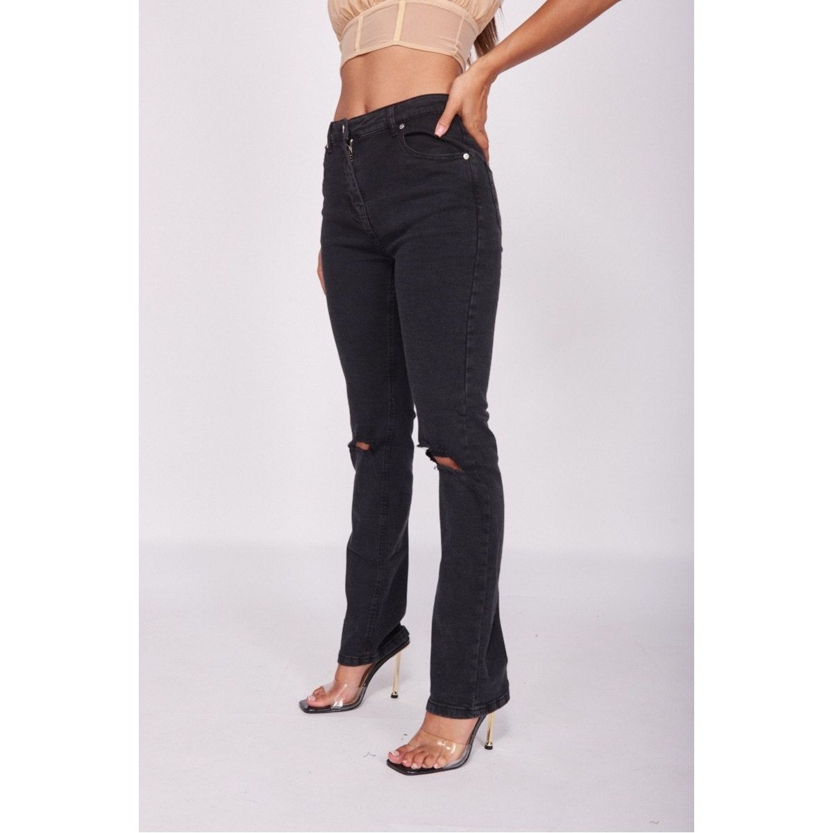 Charcoal Distressed Straight Leg Jeans